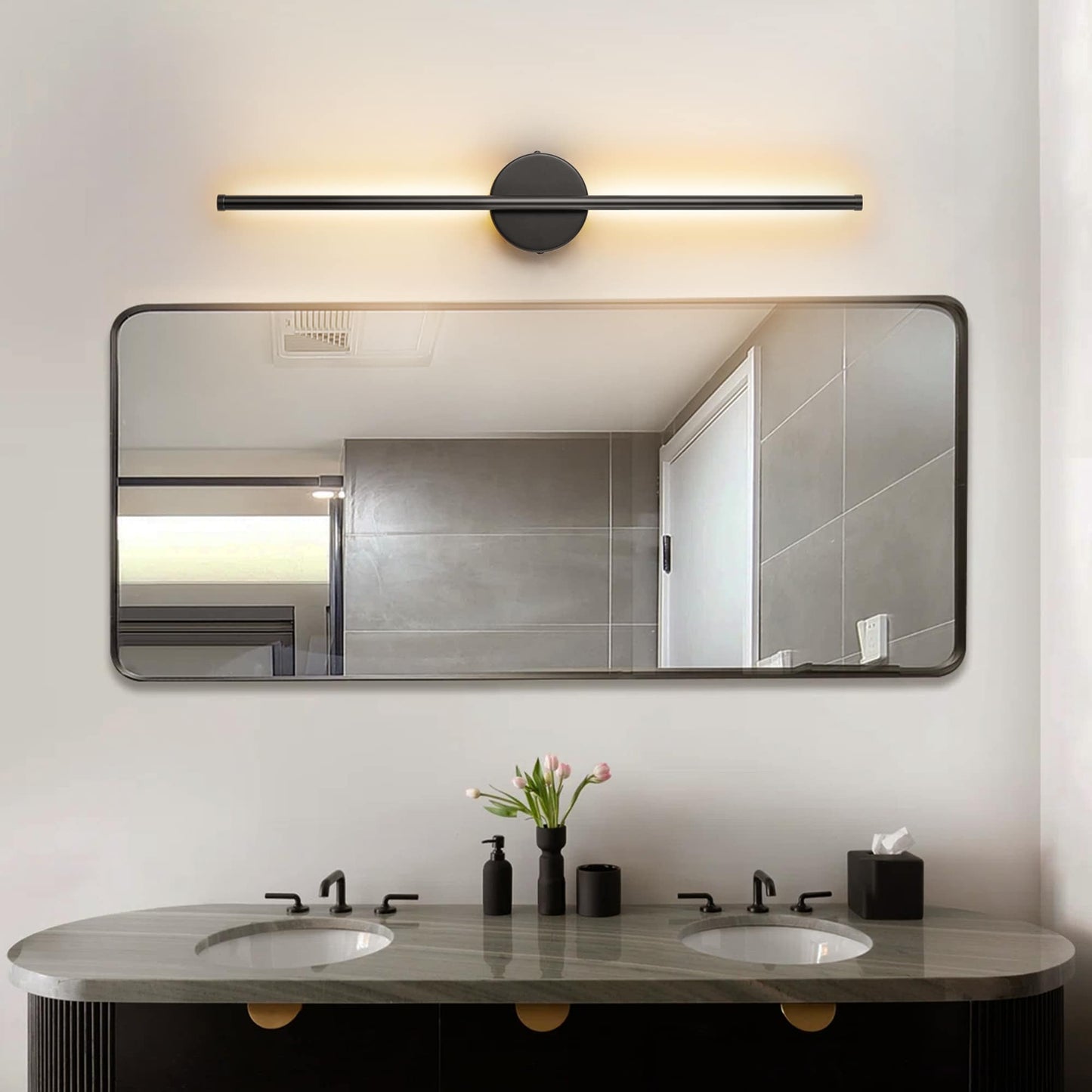 Applique murale linéaire moderne à 1 ampoule, noire, dorée et nickel, à LED, à intensité variable, pour salle de bain