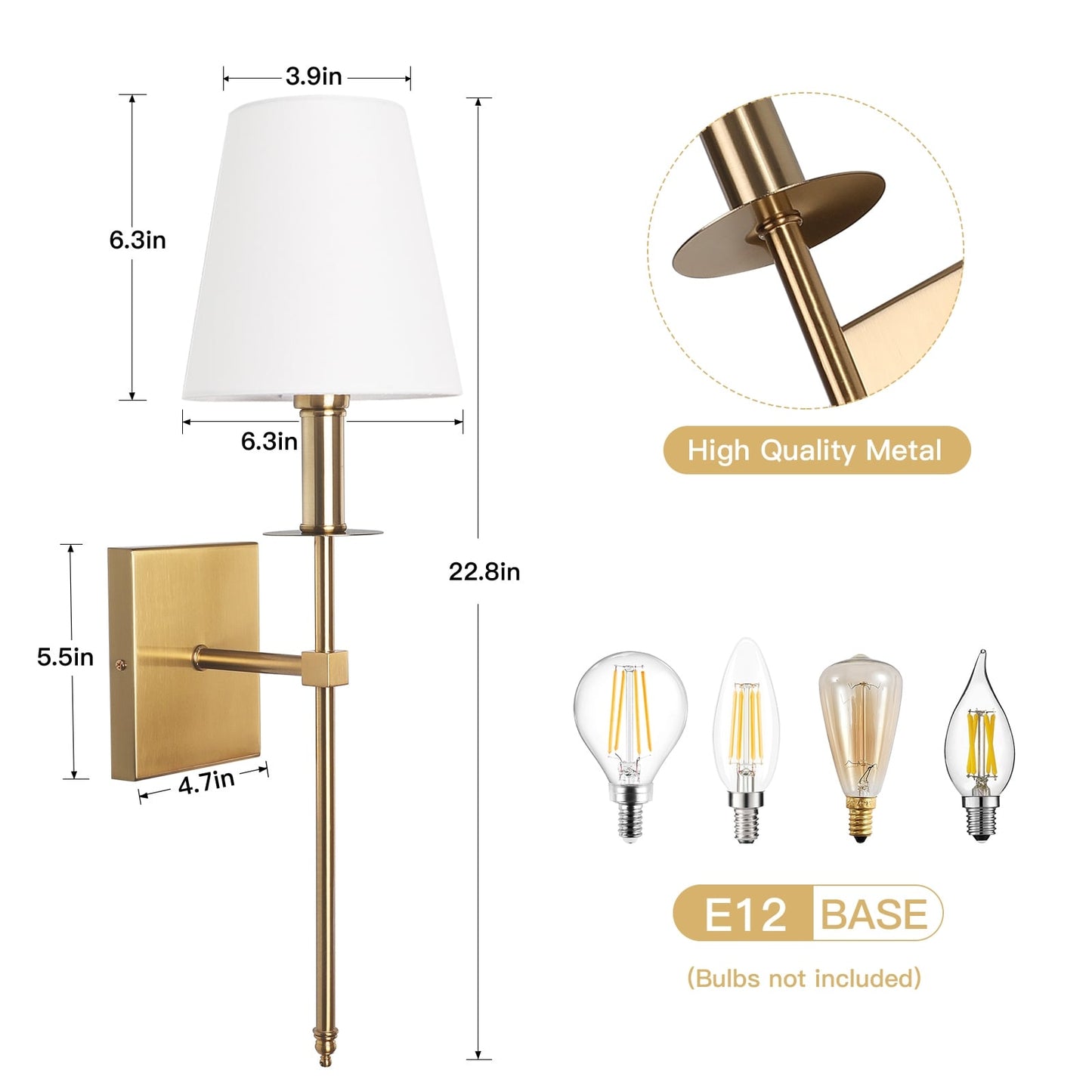 Applique murale à 1 lumière avec abat-jour en tissu blanc