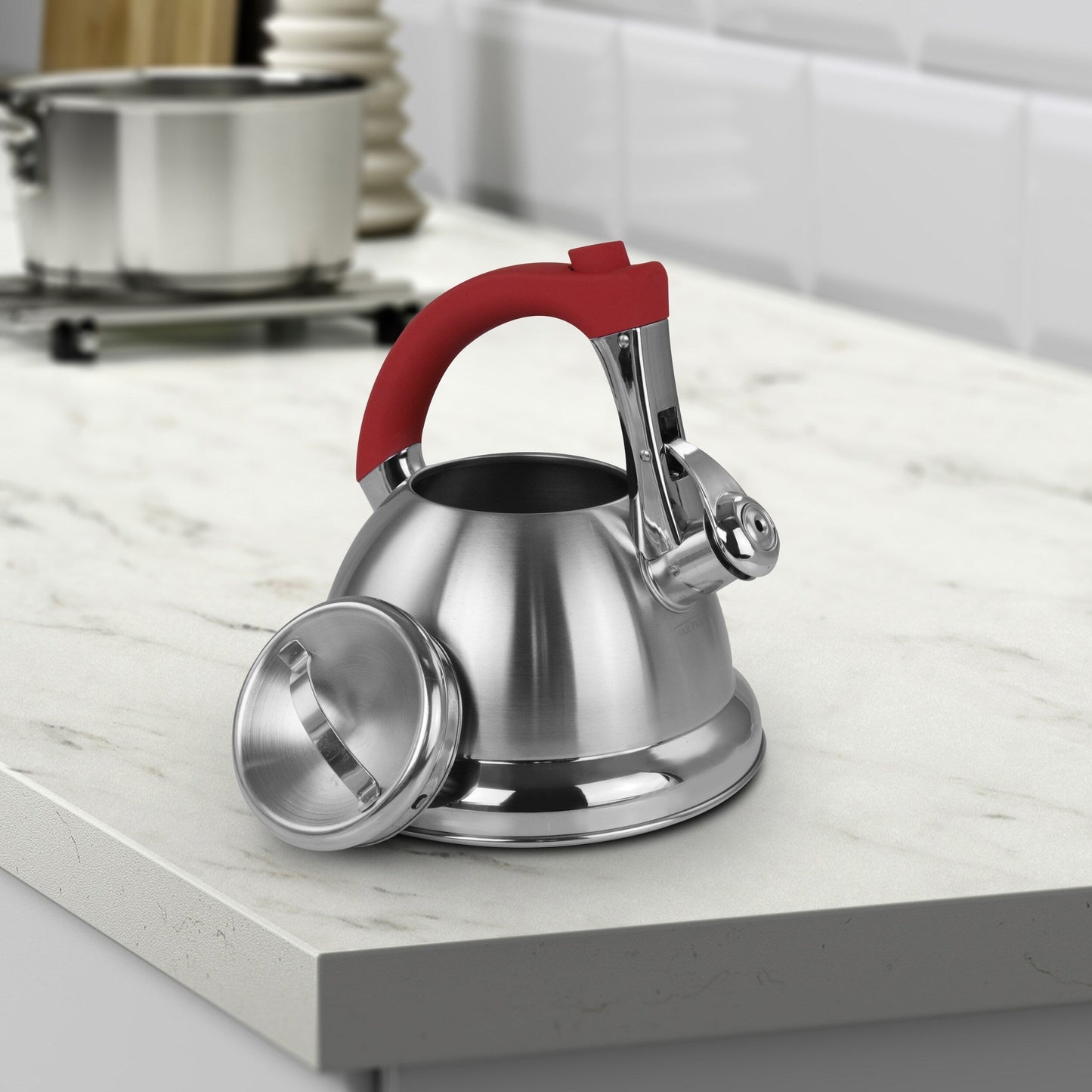 Bouilloire sifflante à base large et poignée ergonomique en acier inoxydable de 1,8 litre