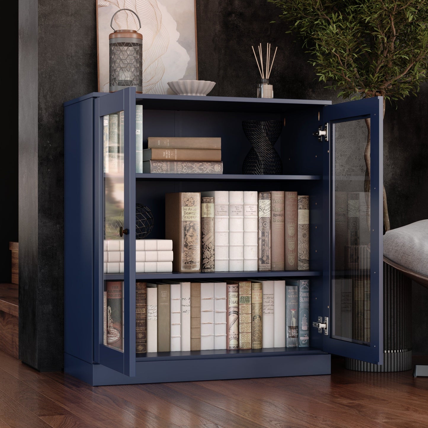 Bibliothèque 100 % bois massif à 3 étagères avec portes en option par Palace Imports