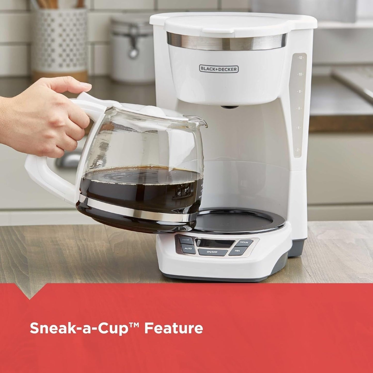 Cafetière numérique 12 tasses, programmable, filtre lavable, Sneak-A-Cup, infusion automatique, maintien de la plaque chauffante, blanche