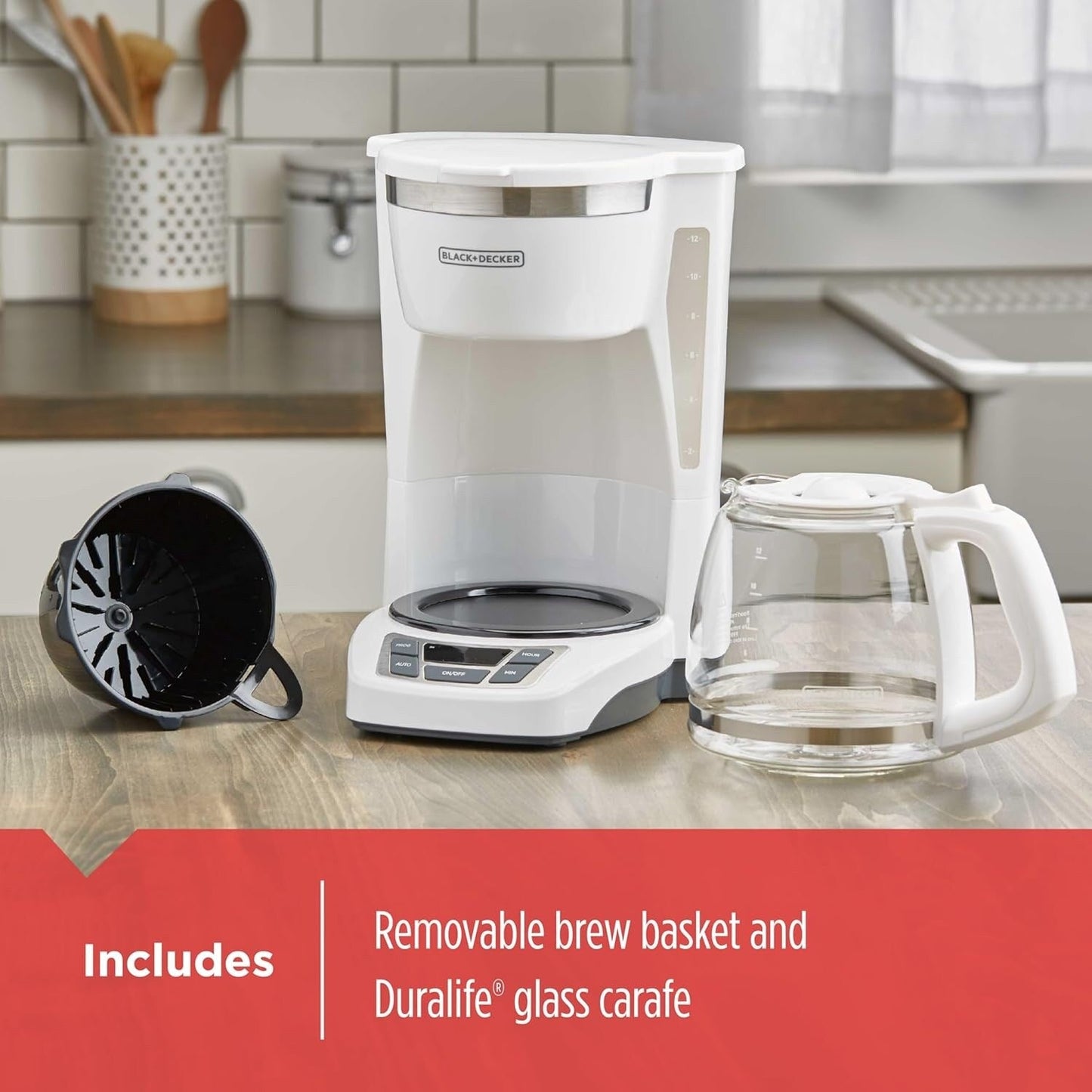 Cafetière numérique 12 tasses, programmable, filtre lavable, Sneak-A-Cup, infusion automatique, maintien de la plaque chauffante, blanche