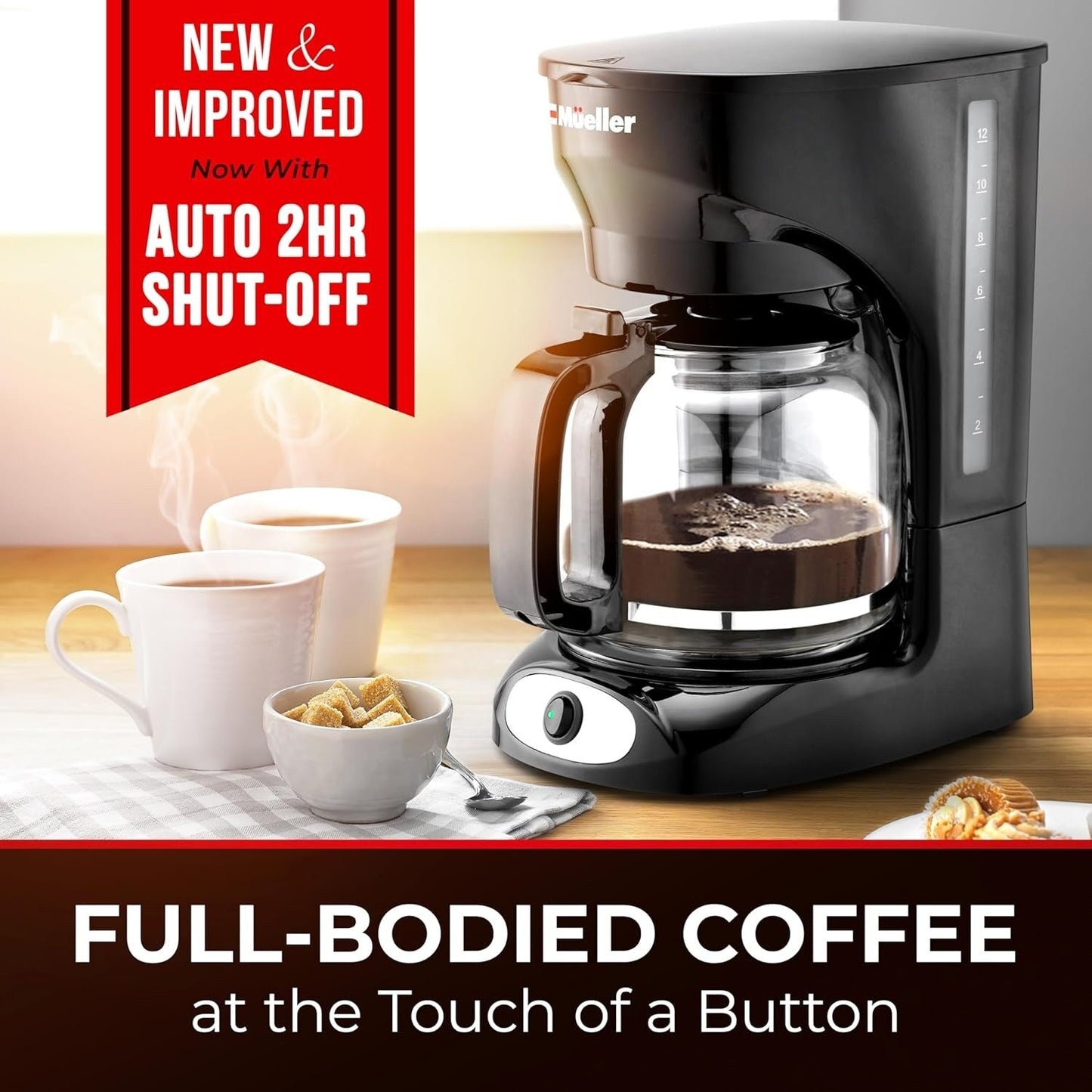 Cafetière filtre 12 tasses avec carafe en borosilicate, arrêt automatique, filtre réutilisable, anti-goutte et maintien au chaud