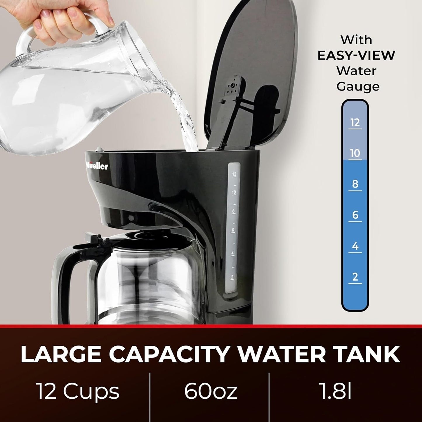 Cafetière filtre 12 tasses avec carafe en borosilicate, arrêt automatique, filtre réutilisable, anti-goutte et maintien au chaud