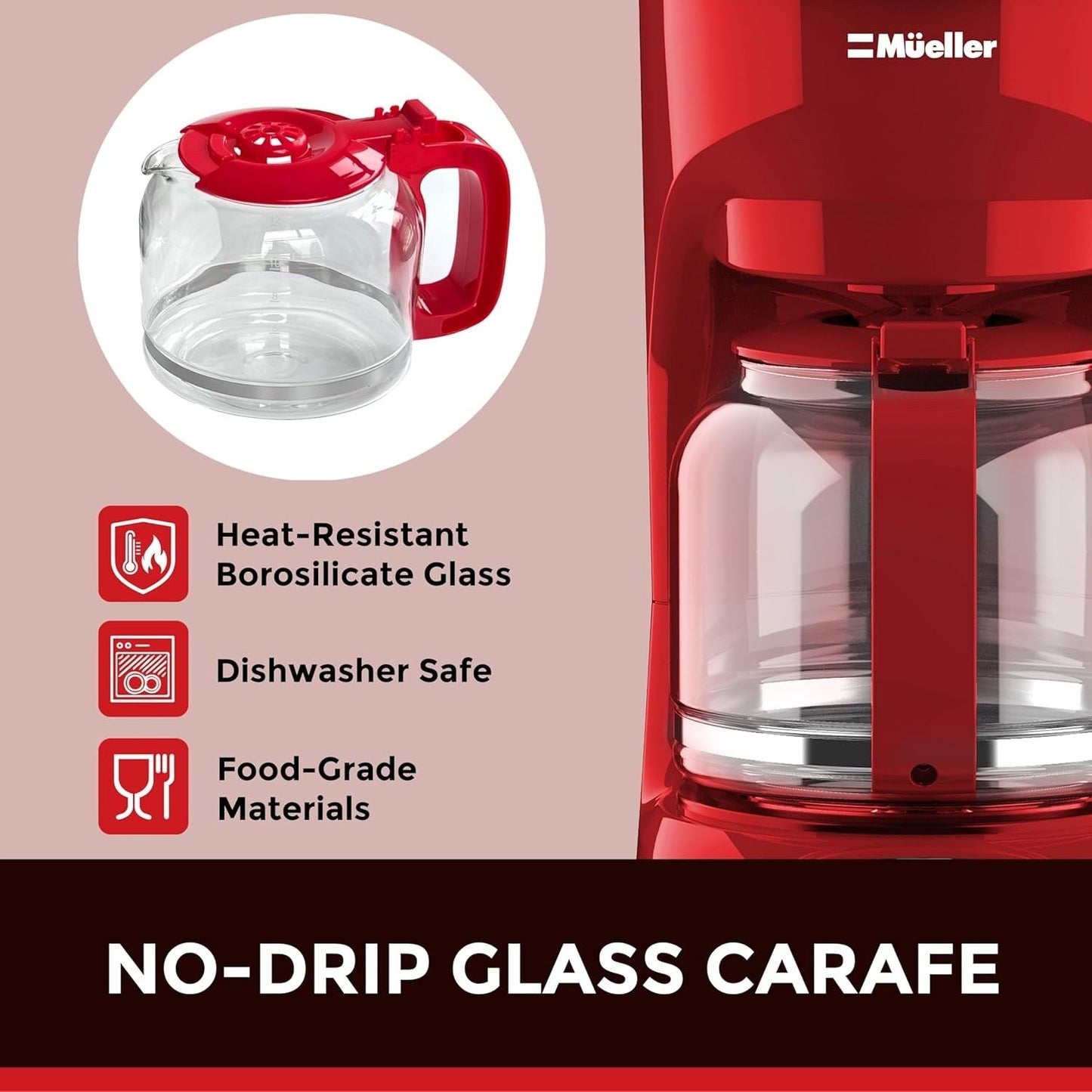 Cafetière rouge 12 tasses avec carafe en borosilicate, arrêt automatique, filtre réutilisable et technologie anti-goutte