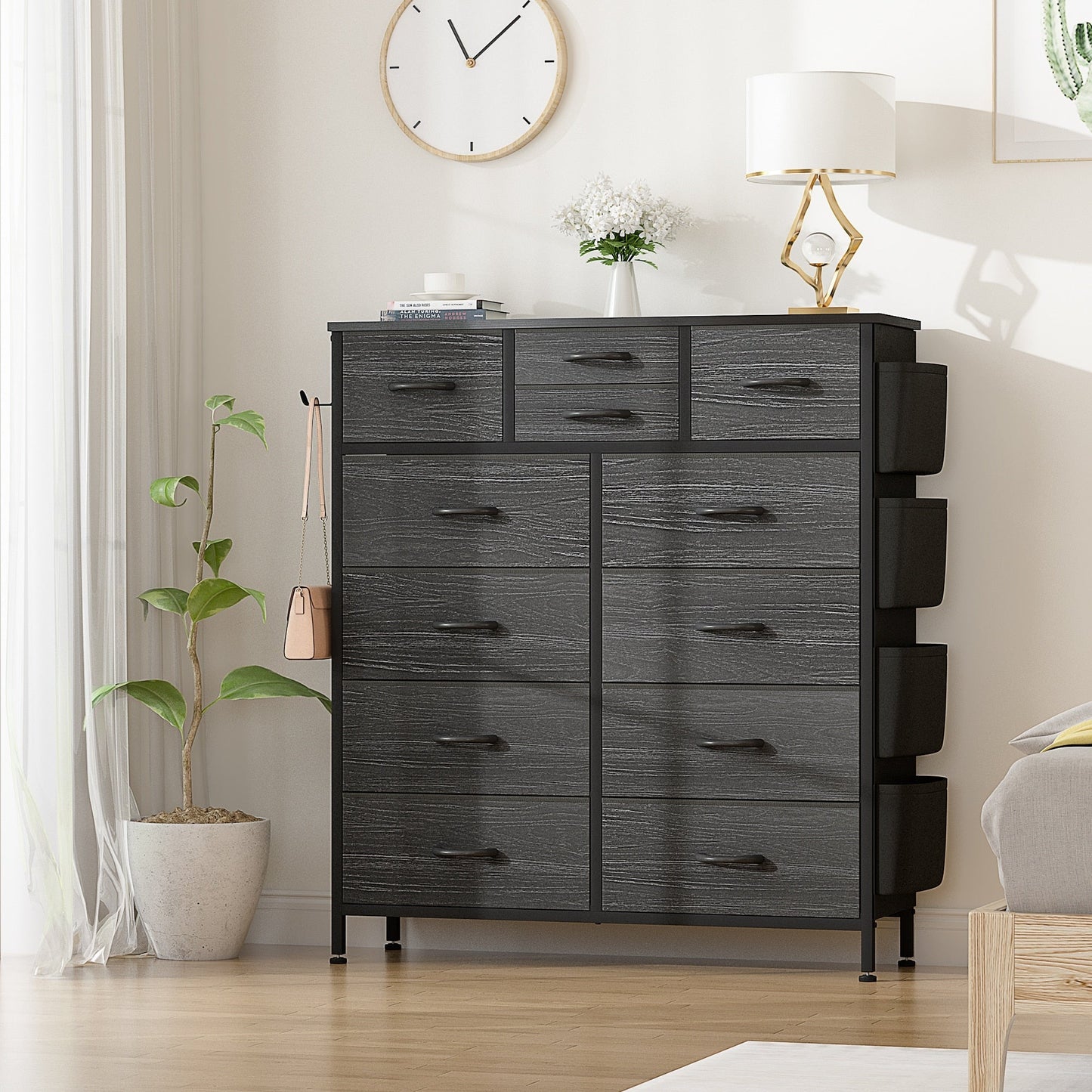 Commode haute en tissu à 12 tiroirs pour chambre à coucher