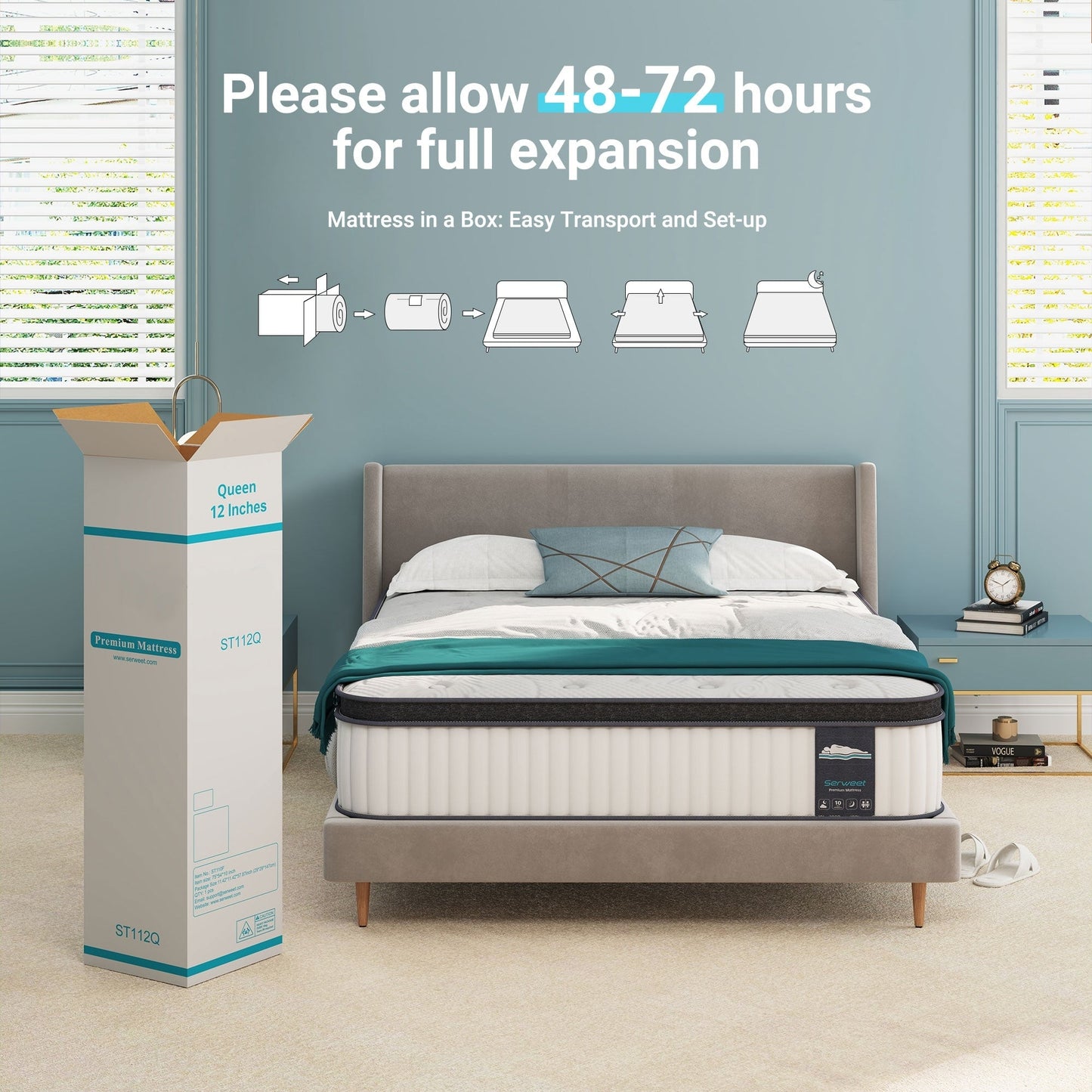 Matelas hybride 12 - Mousse de charbon de bambou, ressorts ensachés 5 zones, certifié CertiPUR-US®, soutien moyennement ferme
