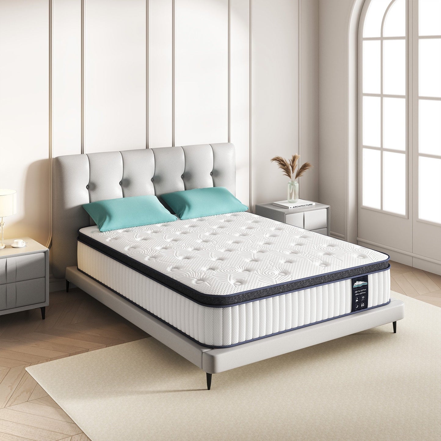 Matelas hybride 12 - Mousse de charbon de bambou, ressorts ensachés 5 zones, certifié CertiPUR-US®, soutien moyennement ferme