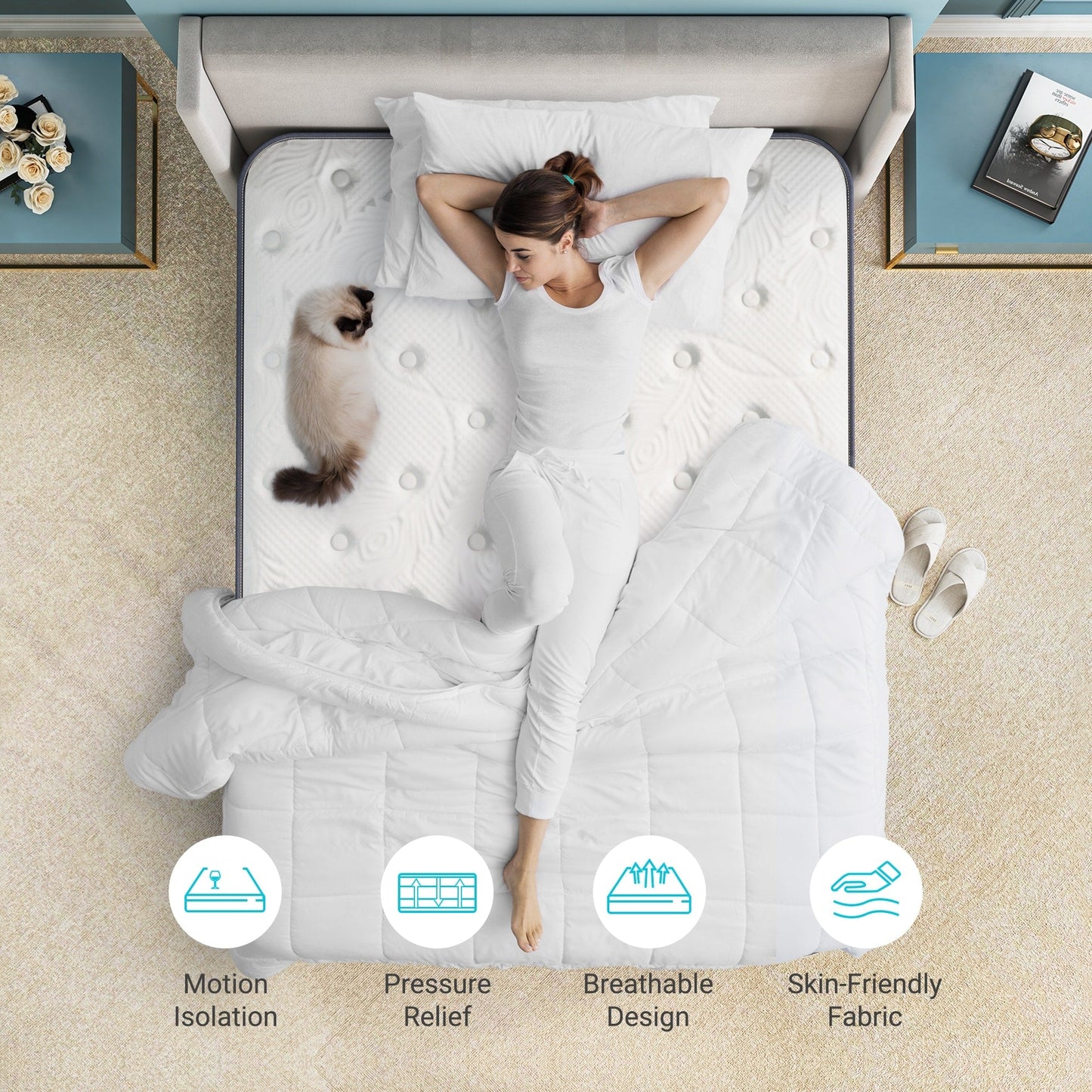 Matelas hybride 12 - Mousse de charbon de bambou, ressorts ensachés 5 zones, certifié CertiPUR-US®, soutien moyennement ferme