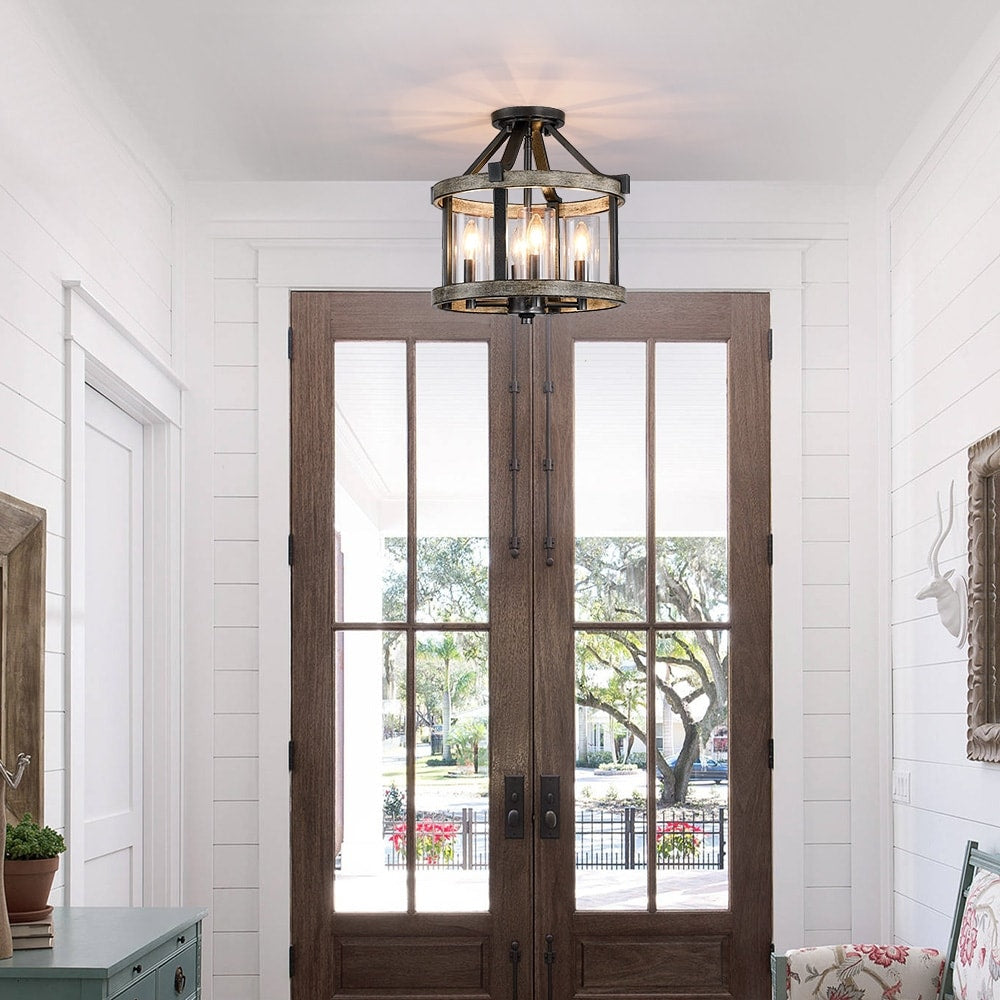Plafonnier semi-encastré de style campagnard moderne à 4 lumières, 12,5 po, en fer naturel et imitation bois vieilli - 12,5 W