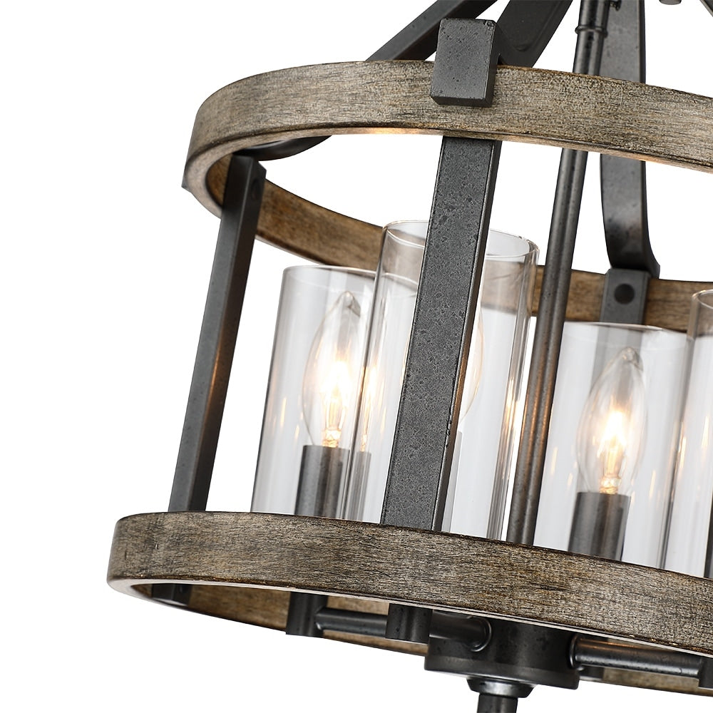 Plafonnier semi-encastré de style campagnard moderne à 4 lumières, 12,5 po, en fer naturel et imitation bois vieilli - 12,5 W