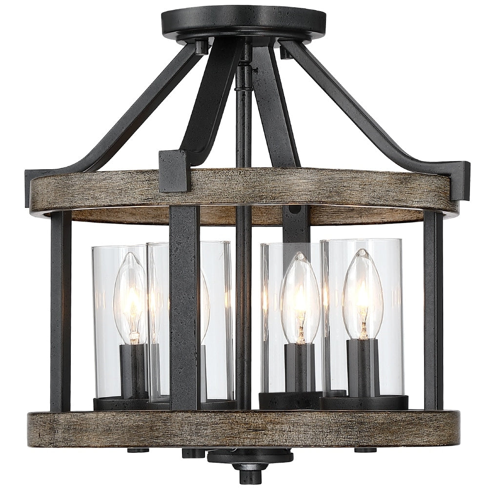 Plafonnier semi-encastré de style campagnard moderne à 4 lumières, 12,5 po, en fer naturel et imitation bois vieilli - 12,5 W