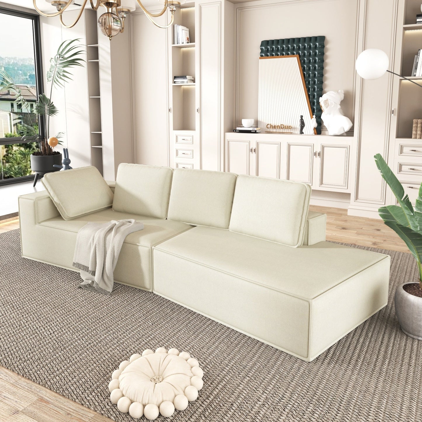 Canapé-lit d'intérieur moderne et élégant, 125 cm, aux lignes épurées, pour le salon, beige