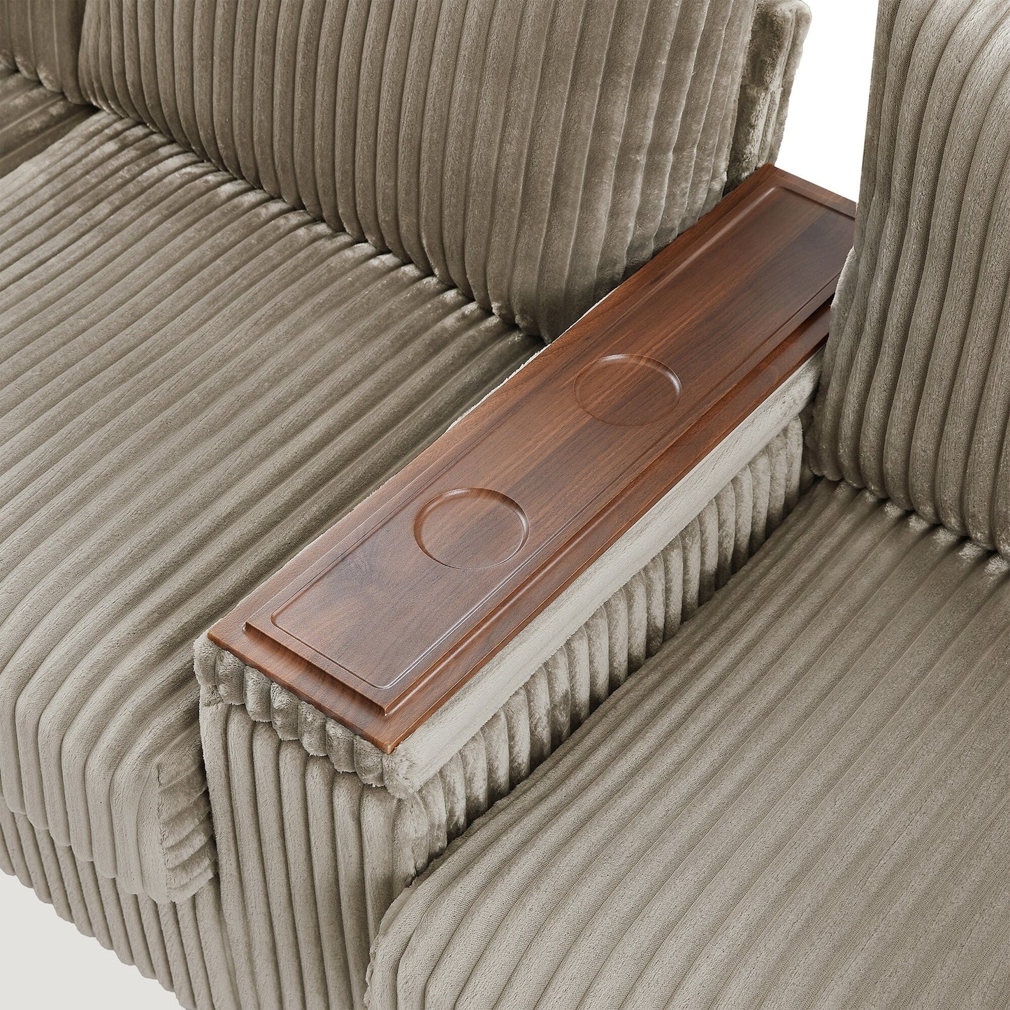 Canapé 4 places en velours côtelé avec ports USB, porte-gobelets rabattables et rangement dissimulé