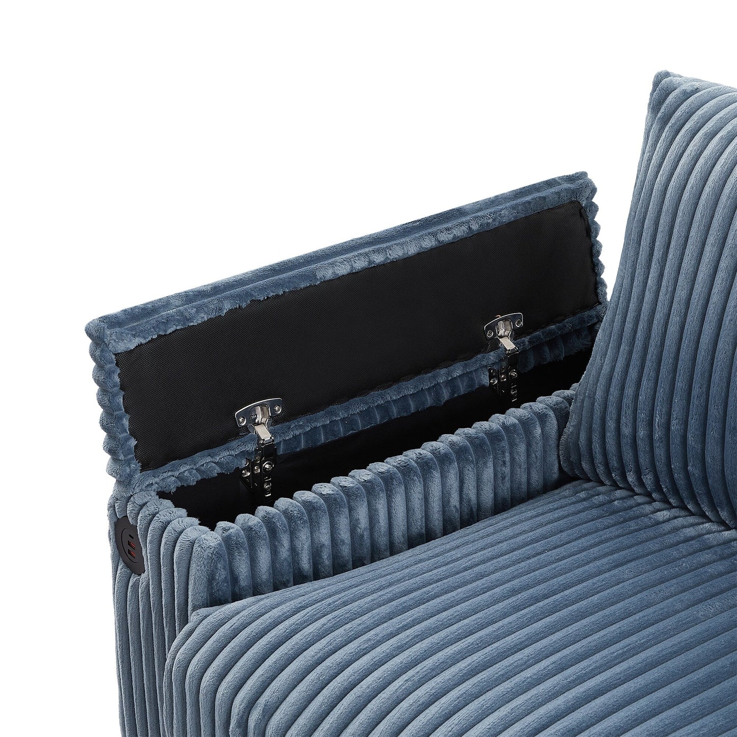 Canapé 4 places en velours côtelé avec ports USB, porte-gobelets rabattables et rangement dissimulé