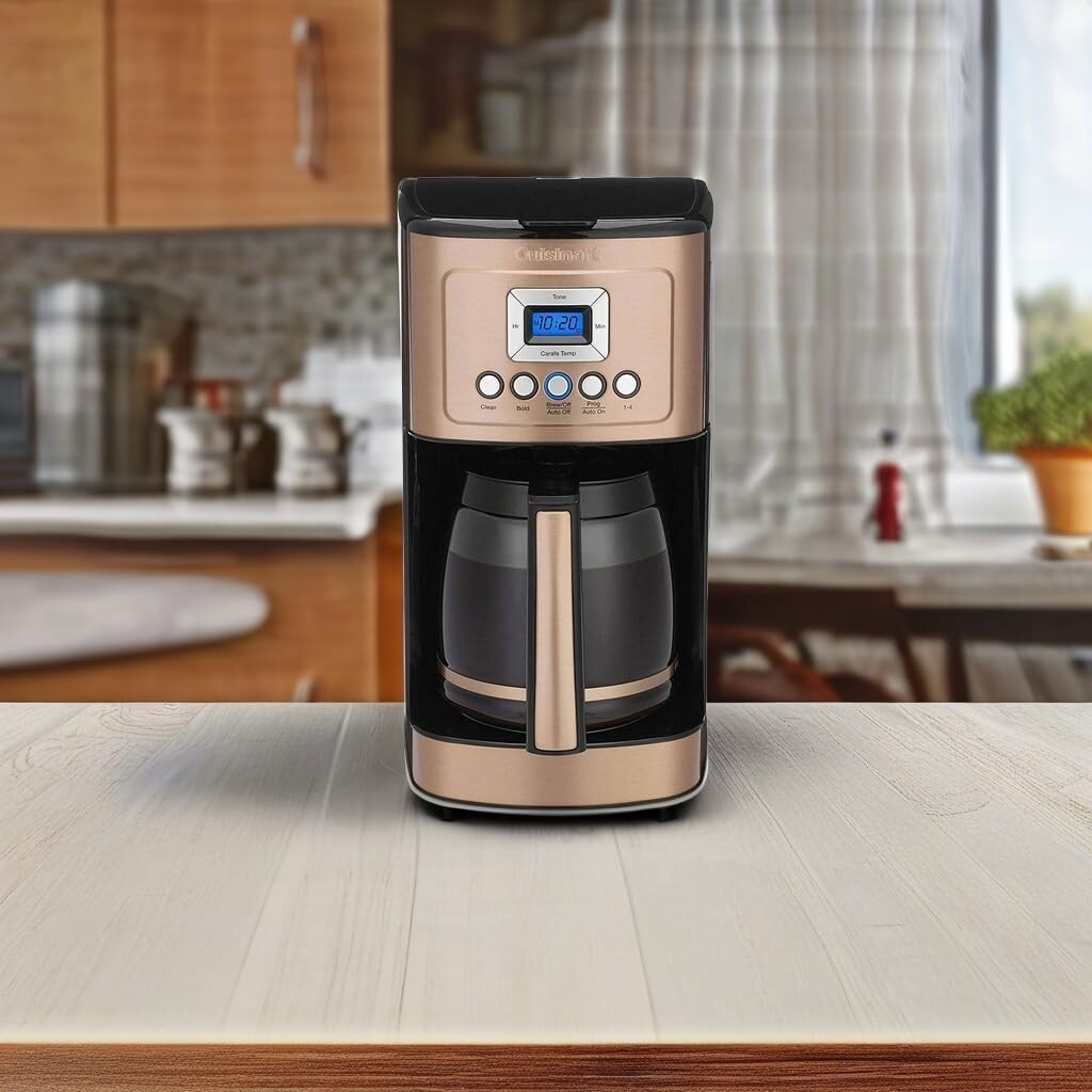 Cafetière programmable 14 tasses, carafe en verre, réglage de l'intensité de l'infusion, réglage de 1 à 4 tasses, cuivre