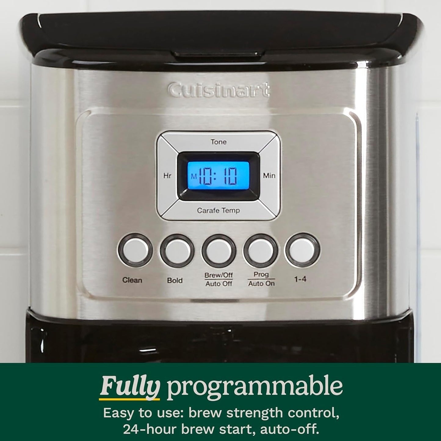 Cafetière programmable 14 tasses, carafe en verre, réglage de l'intensité de l'infusion, réglage de 1 à 4 tasses, acier inoxydable