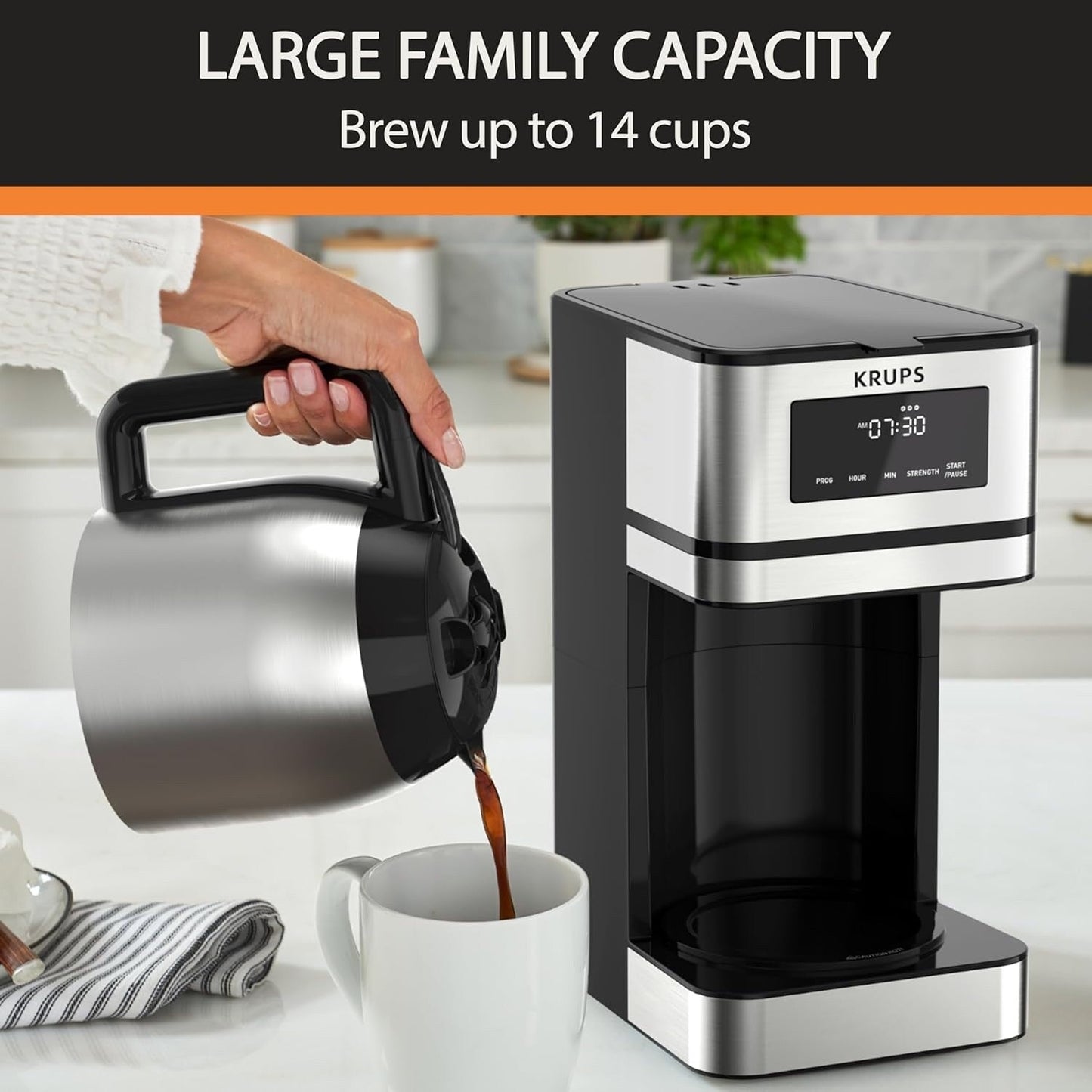 Cafetière programmable 14 tasses, carafe en acier inoxydable, 3 niveaux d'infusion, minuterie 24 h, maintien au chaud 4 h