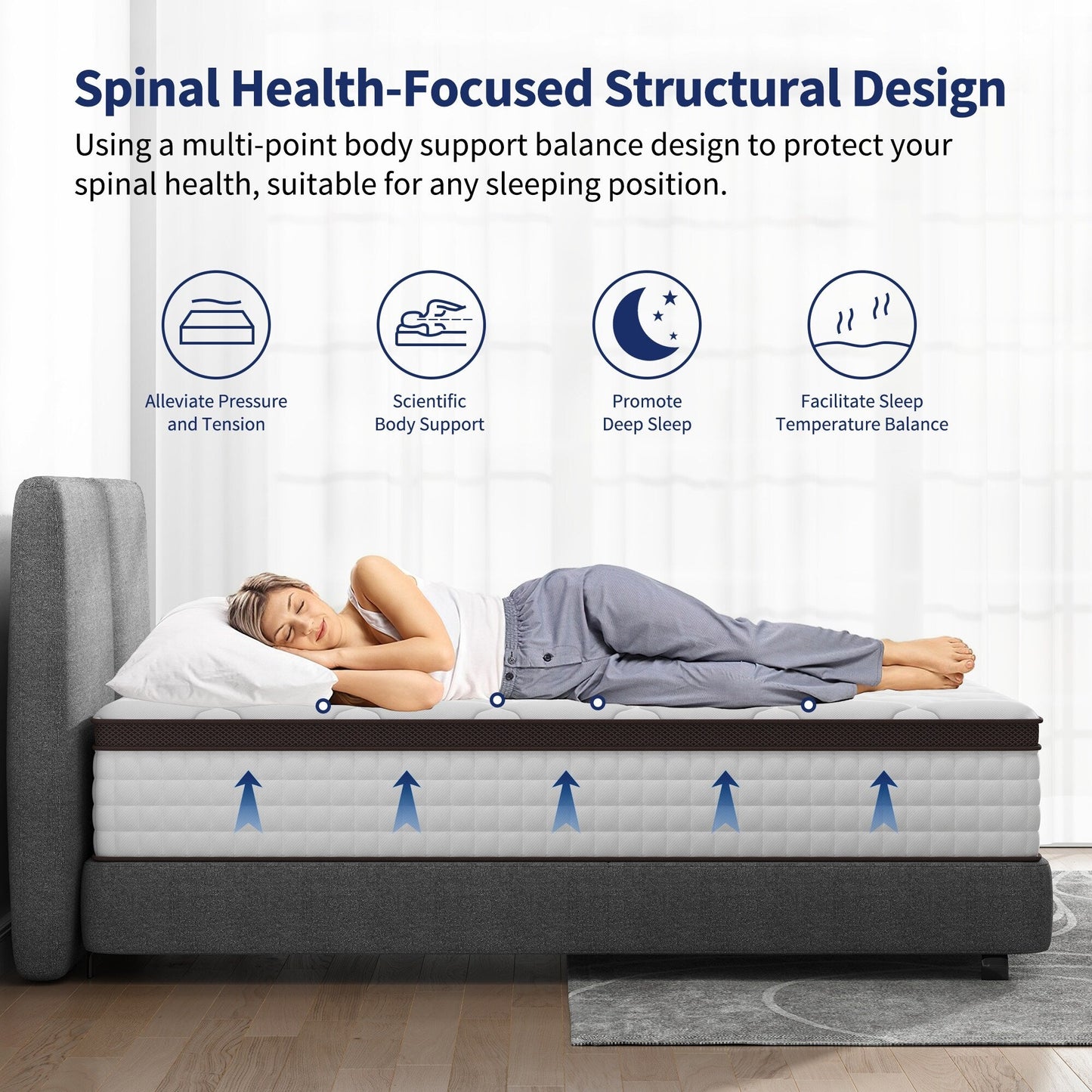 Matelas hybride 14 pouces, mousse à mémoire de forme et ressorts ensachés, fermeté moyenne, tailles Queen et King en option