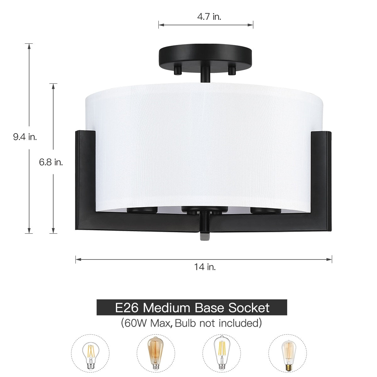Plafonnier semi-encastré noir mat à 3 lumières de 14 po avec abat-jour tambour - 14 W