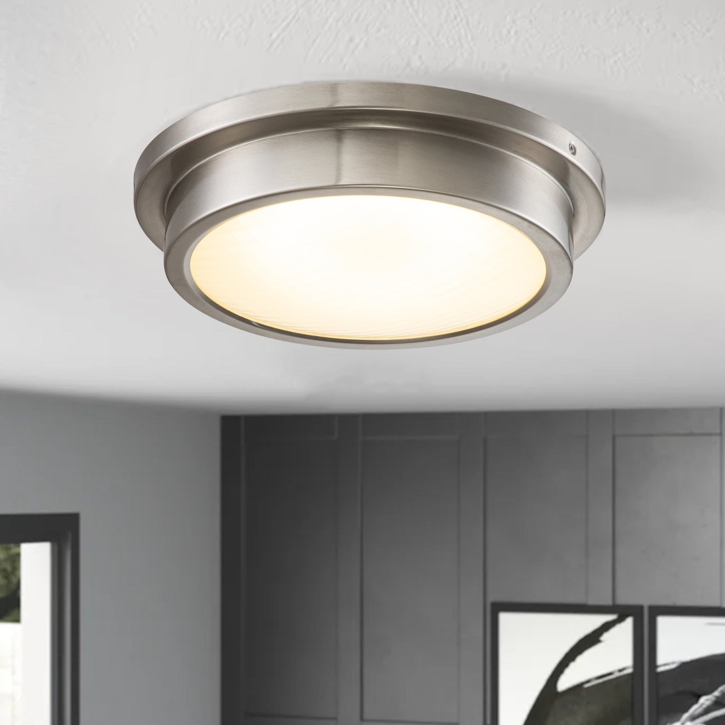 Plafonnier DEL 30 W 3000 K, 14 po, nickel brossé, avec abat-jour en verre rayé - Nickel brossé
