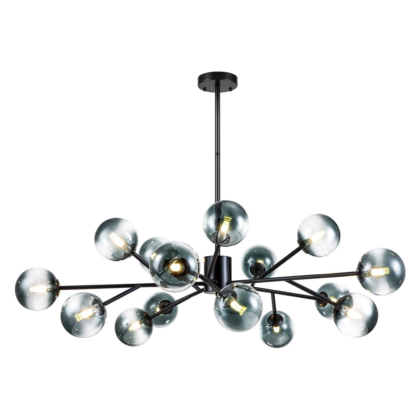 Lustre linéaire moderne à 15 lumières pour îlot de cuisine Sputnik, composé de branches et de bulles en verre