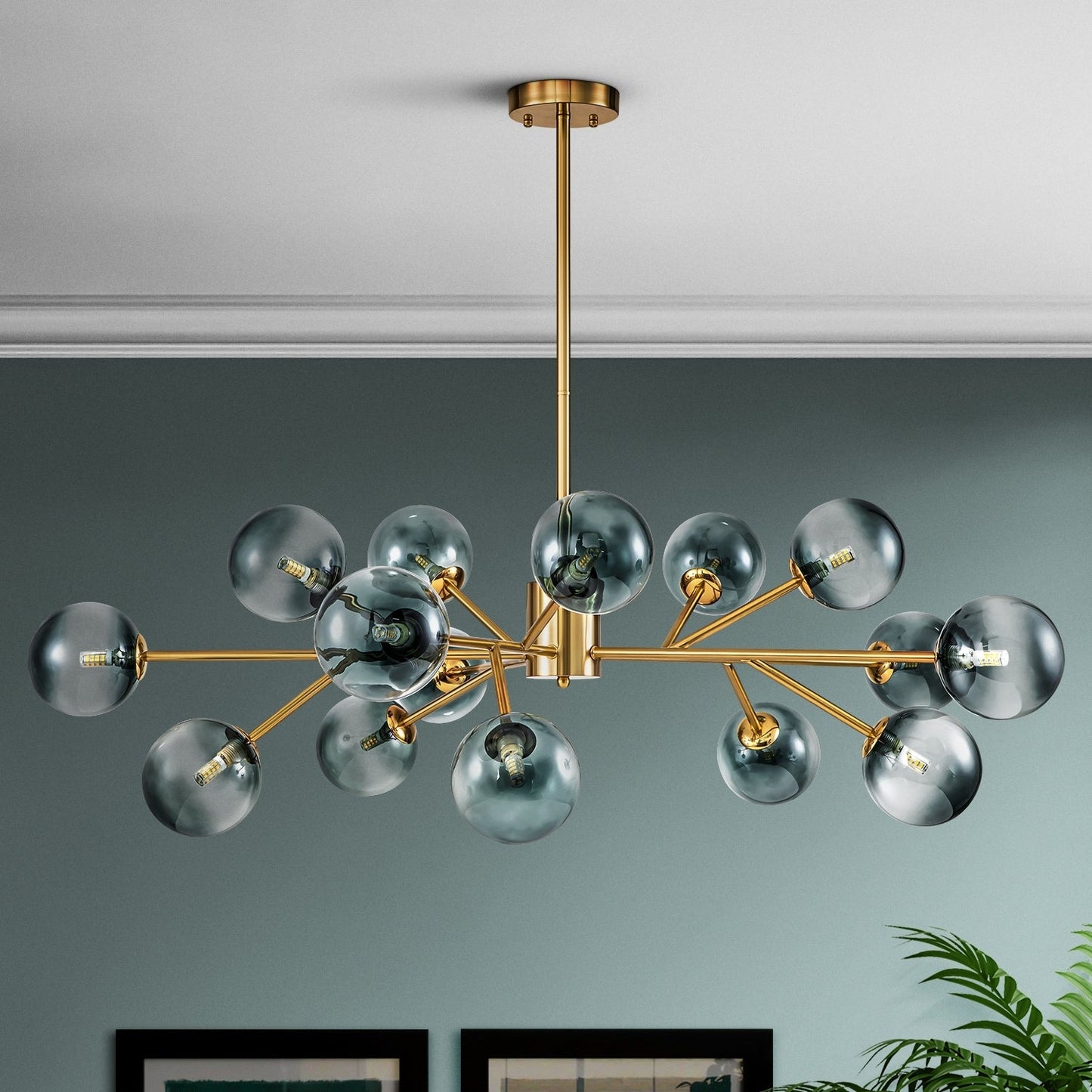 Lustre linéaire moderne à 15 lumières pour îlot de cuisine Sputnik, composé de branches et de bulles en verre