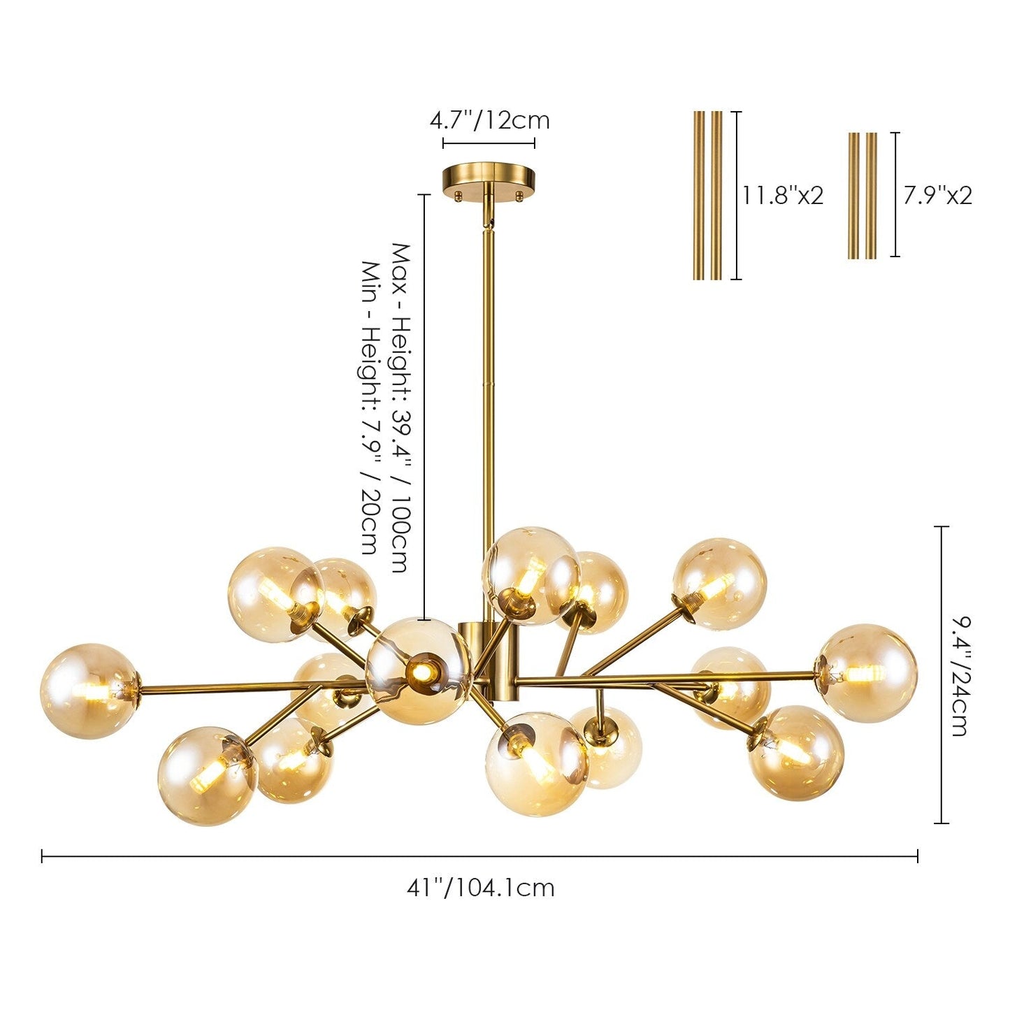Lustre linéaire moderne à 15 lumières pour îlot de cuisine Sputnik, composé de branches et de bulles en verre