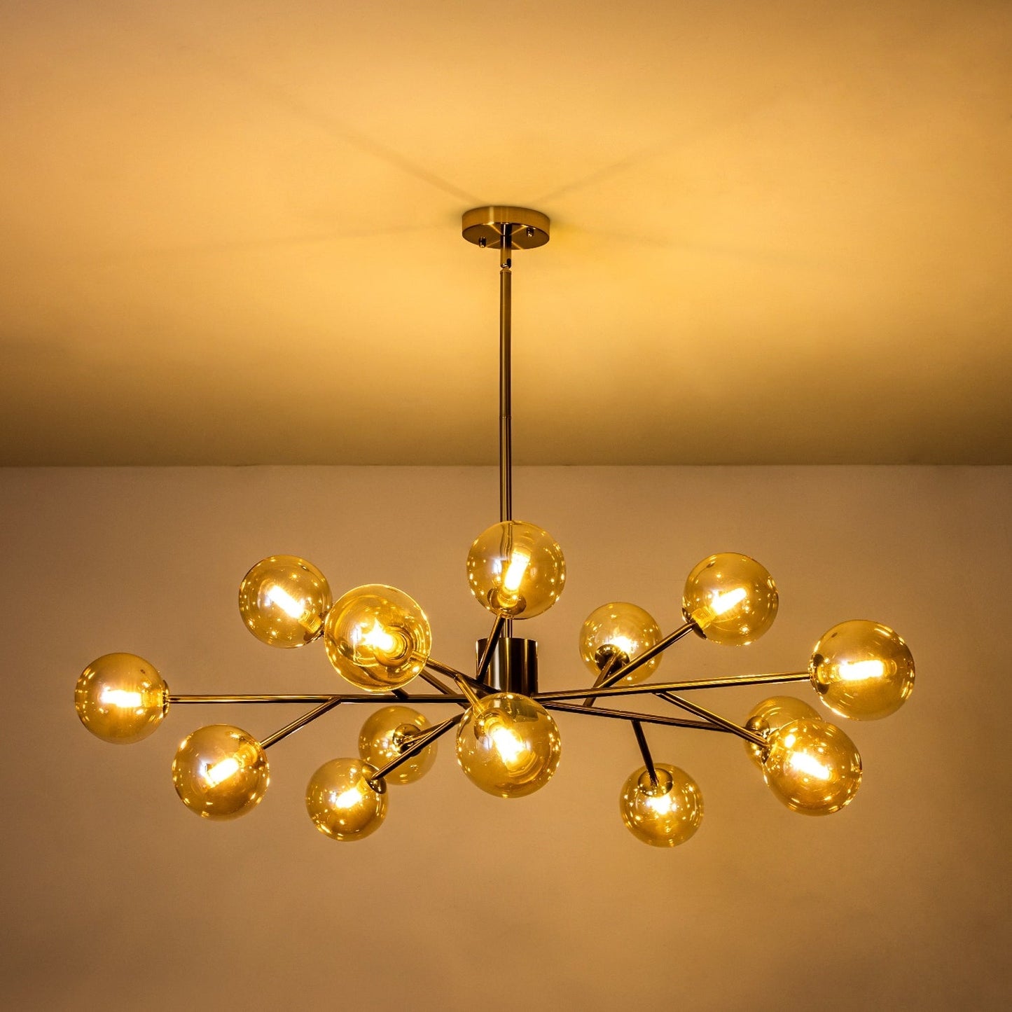 Lustre linéaire moderne à 15 lumières pour îlot de cuisine Sputnik, composé de branches et de bulles en verre