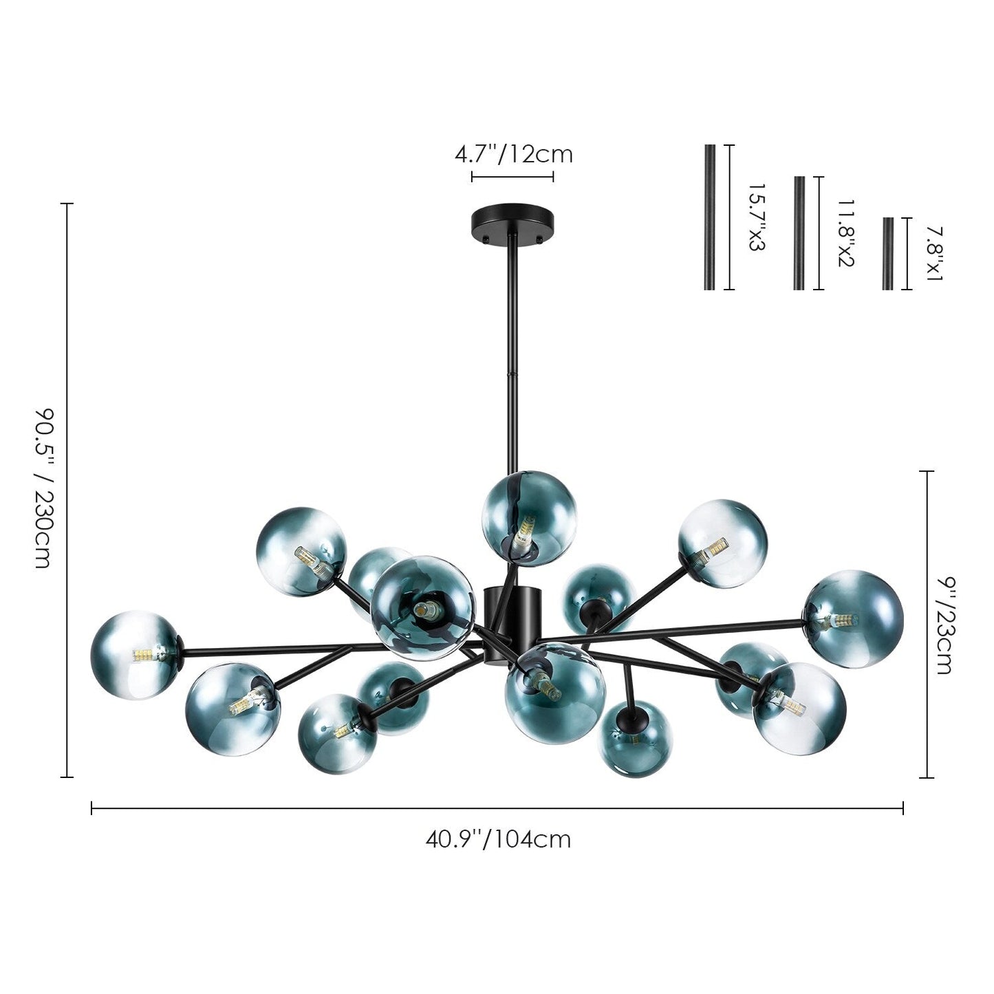 Lustre linéaire moderne à 15 lumières pour îlot de cuisine Sputnik, composé de branches et de bulles en verre