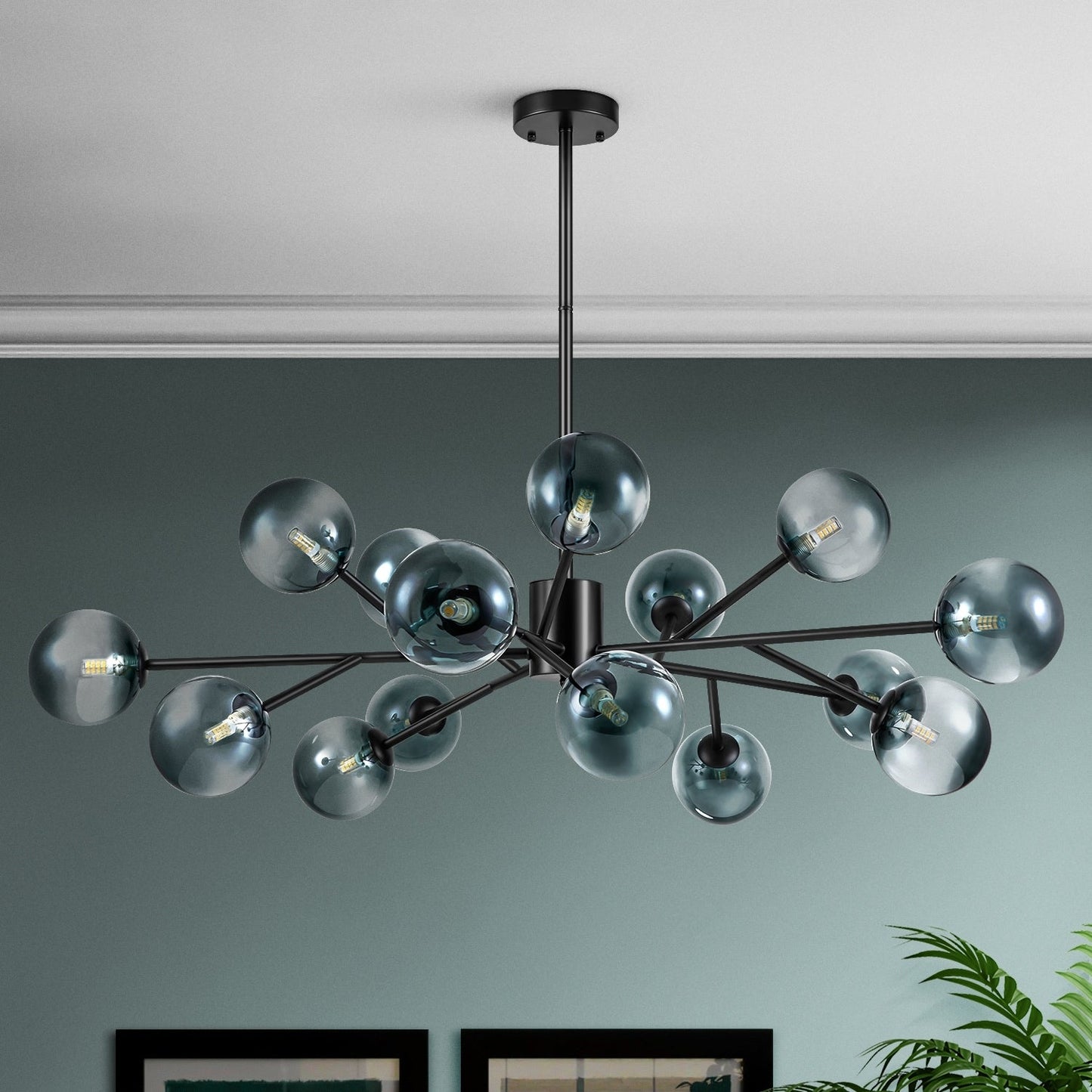 Lustre linéaire moderne à 15 lumières pour îlot de cuisine Sputnik, composé de branches et de bulles en verre