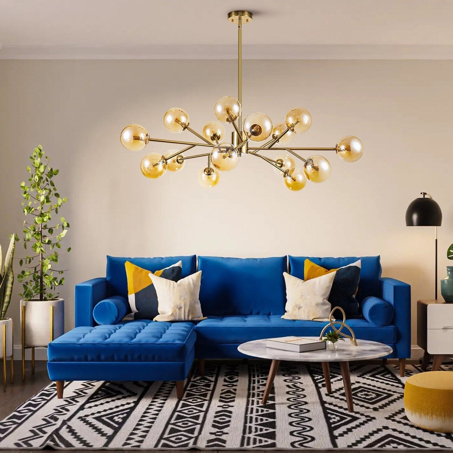 Lustre linéaire moderne à 15 lumières pour îlot de cuisine Sputnik, composé de branches et de bulles en verre