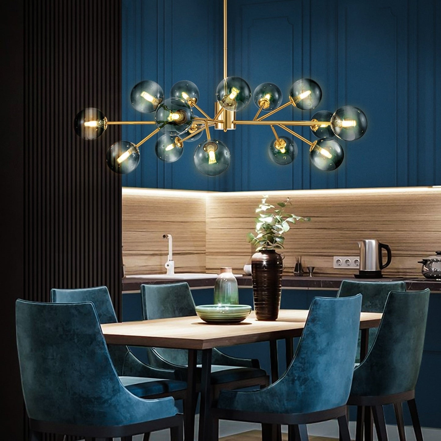 Lustre linéaire moderne à 15 lumières pour îlot de cuisine Sputnik, composé de branches et de bulles en verre