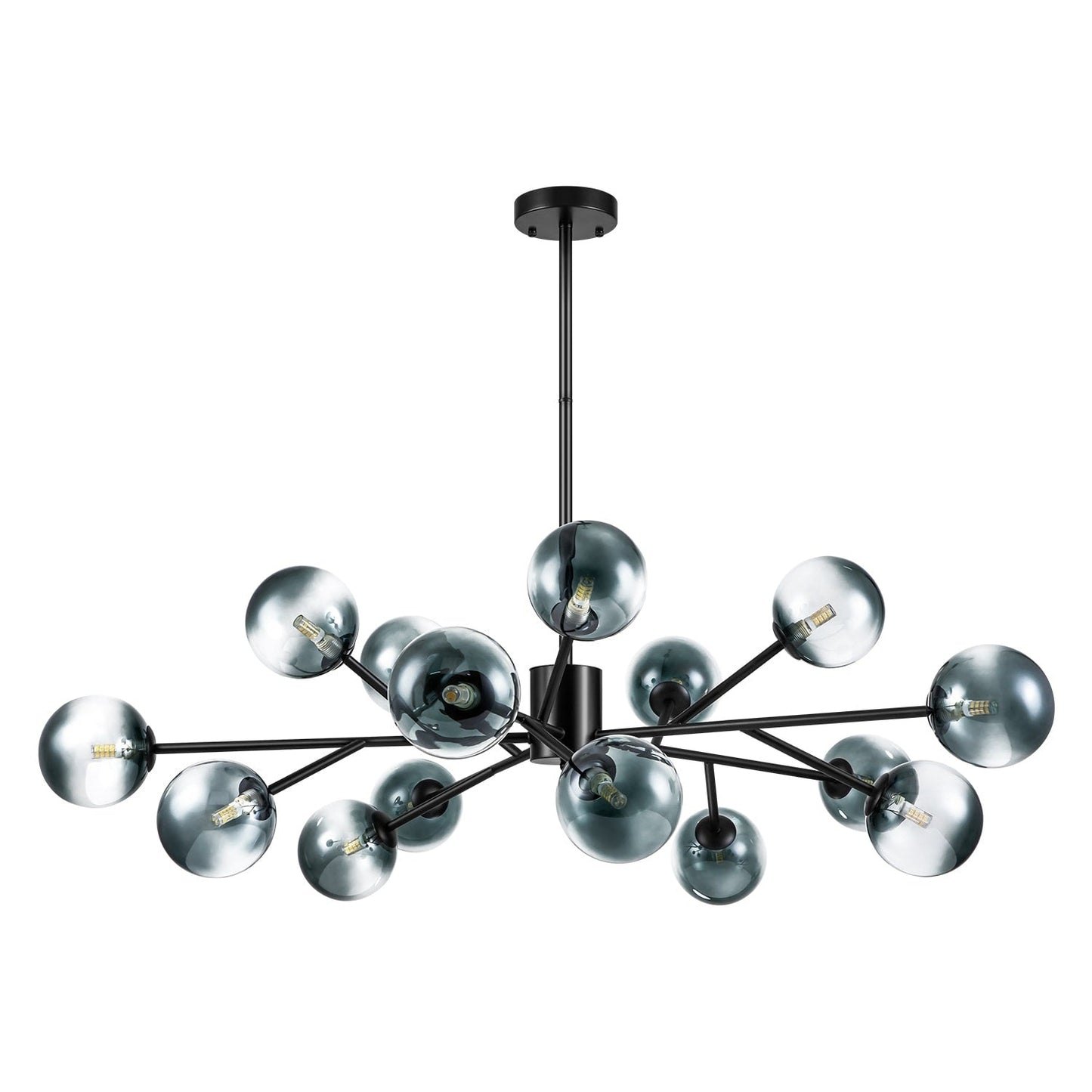 Lustre linéaire moderne à 15 lumières pour îlot de cuisine Sputnik, composé de branches et de bulles en verre