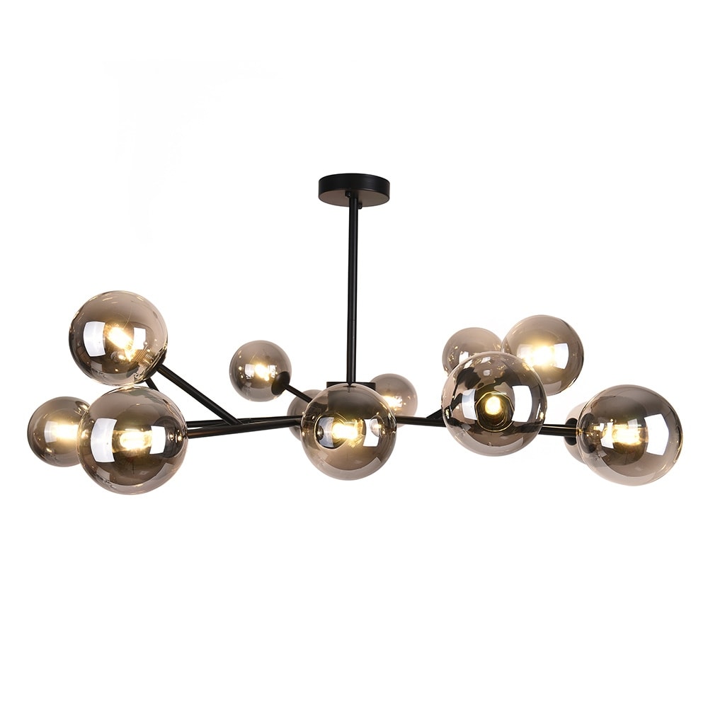 Lustre linéaire moderne à 15 lumières pour îlot de cuisine Sputnik, composé de branches et de bulles en verre