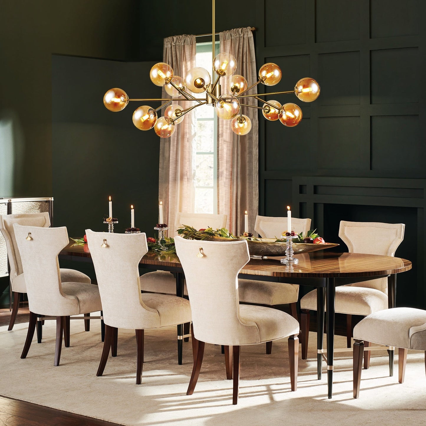 Lustre linéaire moderne à 15 lumières pour îlot de cuisine Sputnik, composé de branches et de bulles en verre