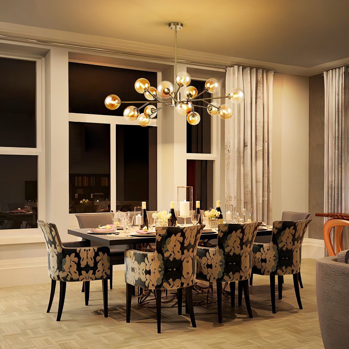 Lustre linéaire moderne à 15 lumières pour îlot de cuisine Sputnik, composé de branches et de bulles en verre