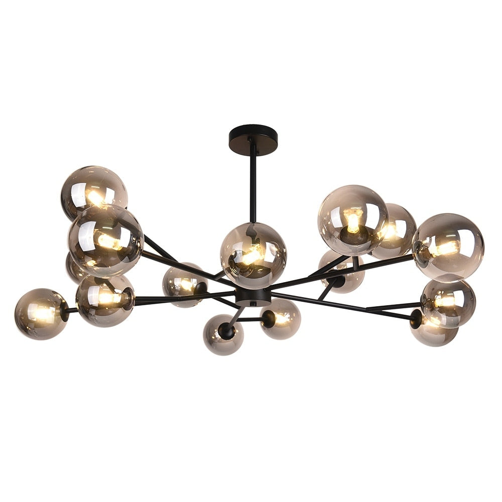 Lustre linéaire moderne à 15 lumières pour îlot de cuisine Sputnik, composé de branches et de bulles en verre