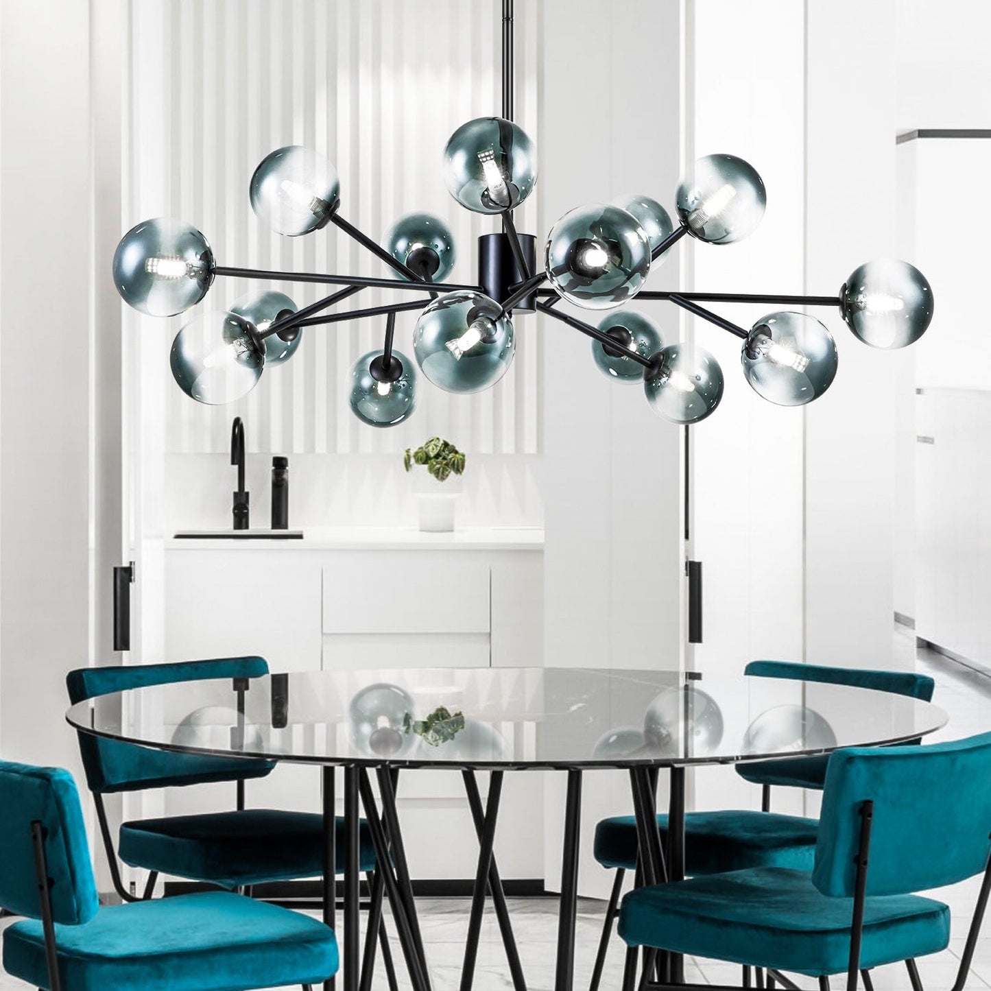 Lustre linéaire moderne à 15 lumières pour îlot de cuisine Sputnik, composé de branches et de bulles en verre