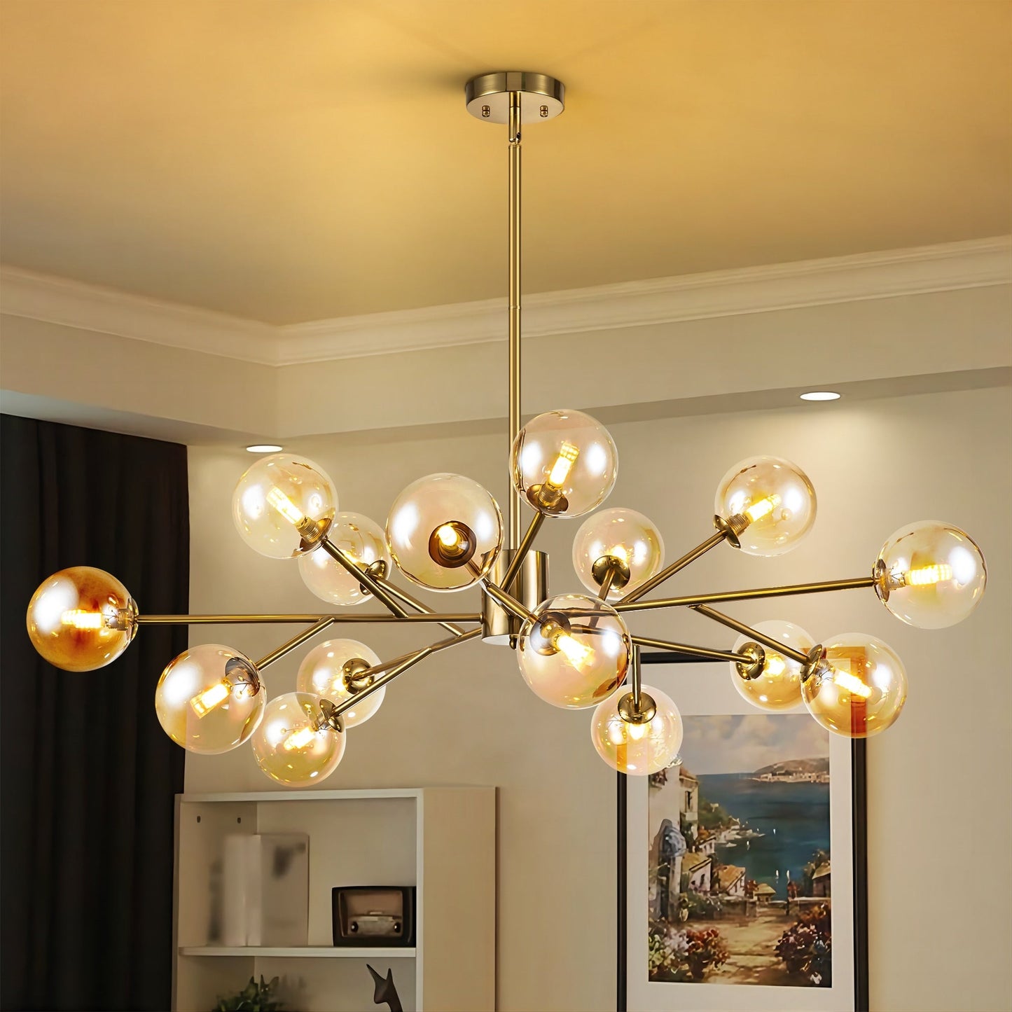 Lustre linéaire moderne à 15 lumières pour îlot de cuisine Sputnik, composé de branches et de bulles en verre