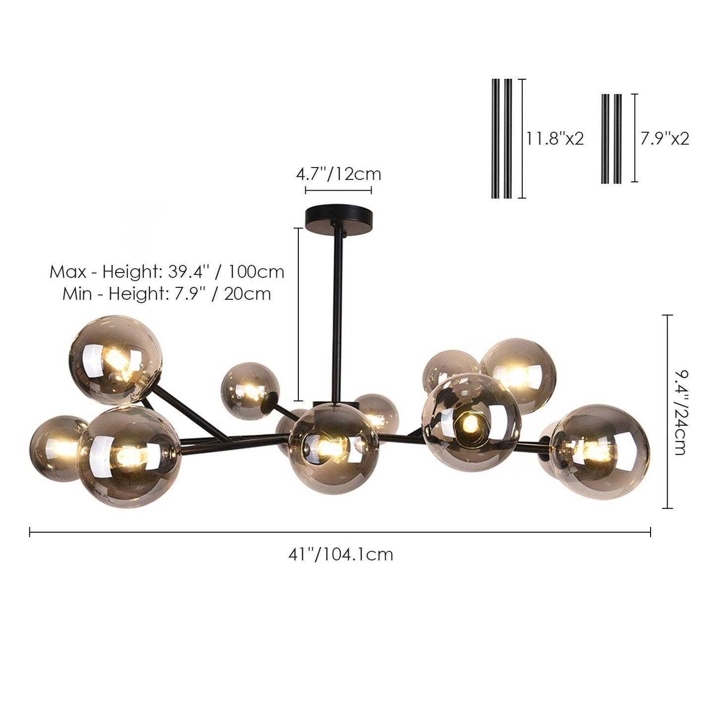 Lustre linéaire moderne à 15 lumières pour îlot de cuisine Sputnik, composé de branches et de bulles en verre