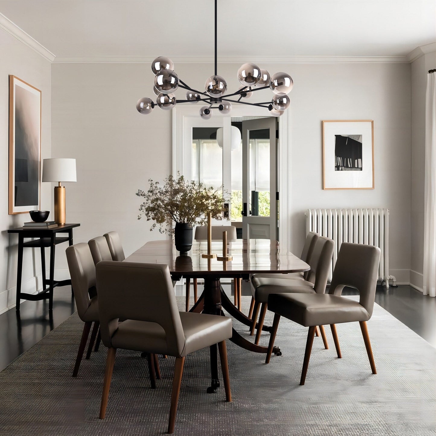 Lustre linéaire moderne à 15 lumières pour îlot de cuisine Sputnik, composé de branches et de bulles en verre