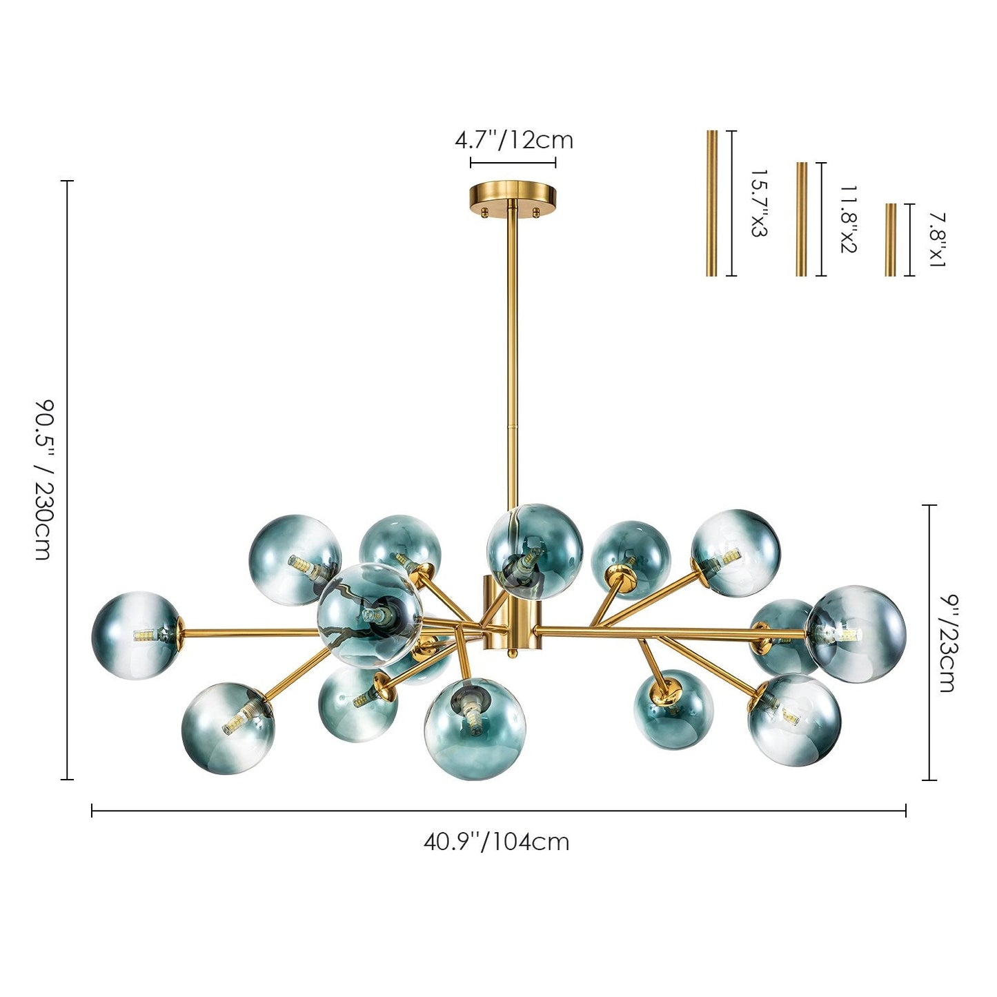 Lustre linéaire moderne à 15 lumières pour îlot de cuisine Sputnik, composé de branches et de bulles en verre