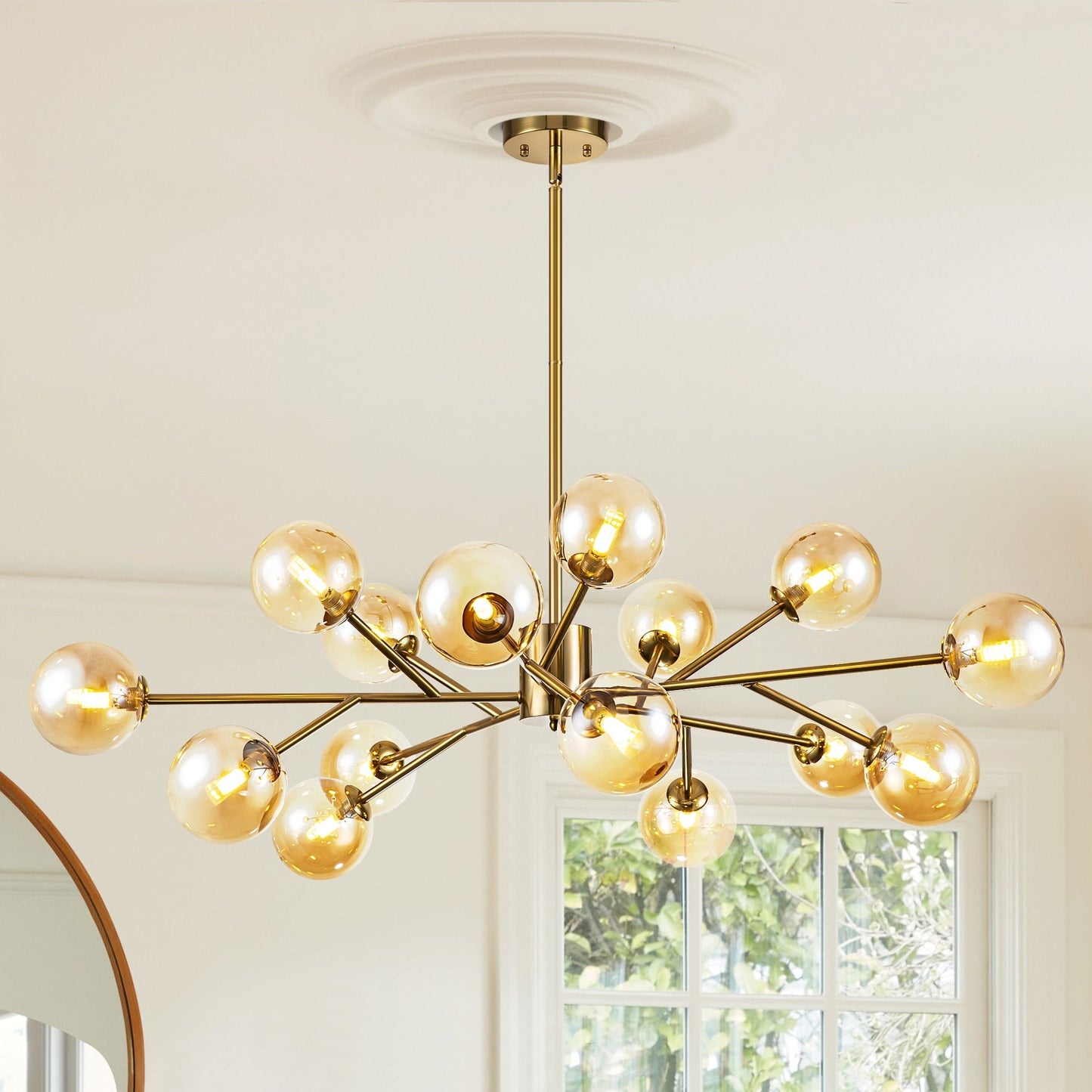 Lustre linéaire moderne à 15 lumières pour îlot de cuisine Sputnik, composé de branches et de bulles en verre