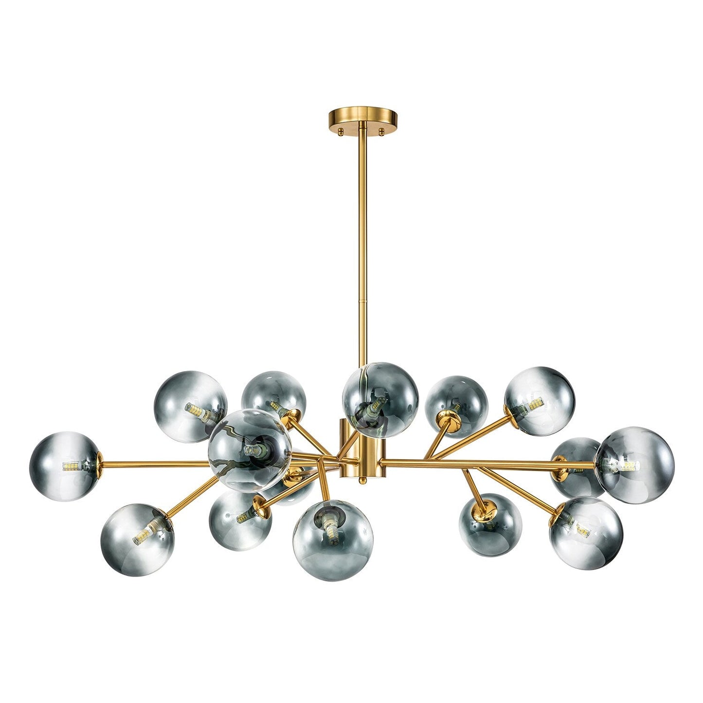 Lustre linéaire moderne à 15 lumières pour îlot de cuisine Sputnik, composé de branches et de bulles en verre