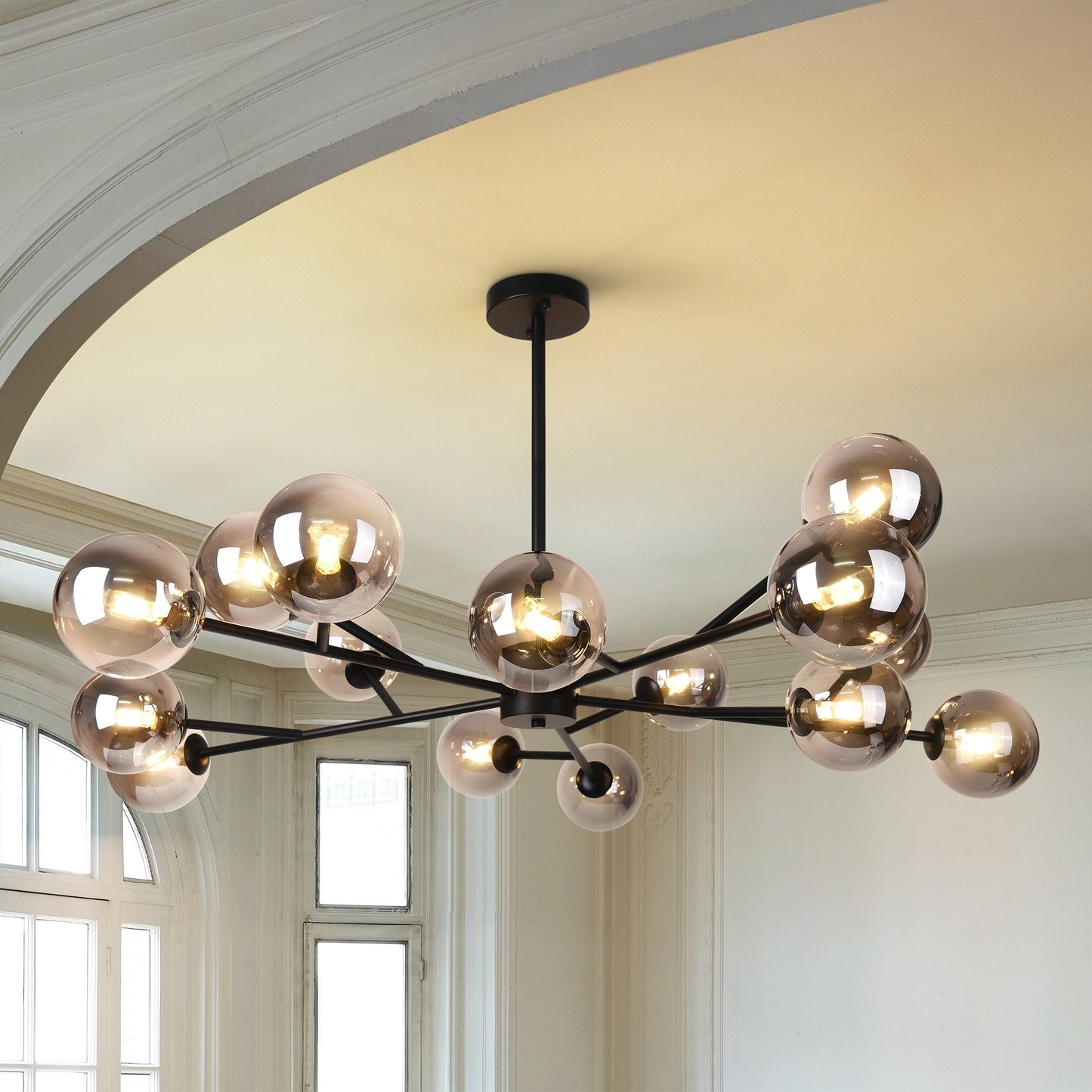 Lustre linéaire moderne à 15 lumières pour îlot de cuisine Sputnik, composé de branches et de bulles en verre