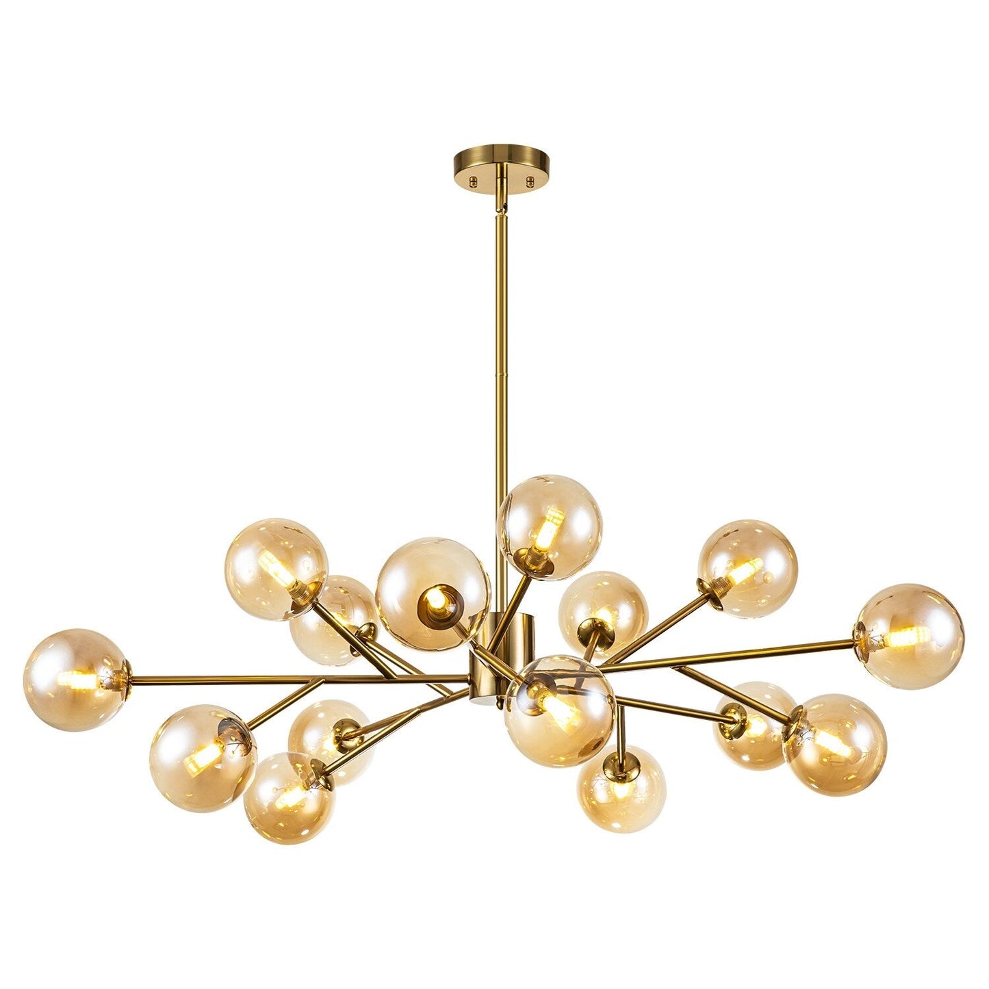 Lustre linéaire moderne à 15 lumières pour îlot de cuisine Sputnik, composé de branches et de bulles en verre