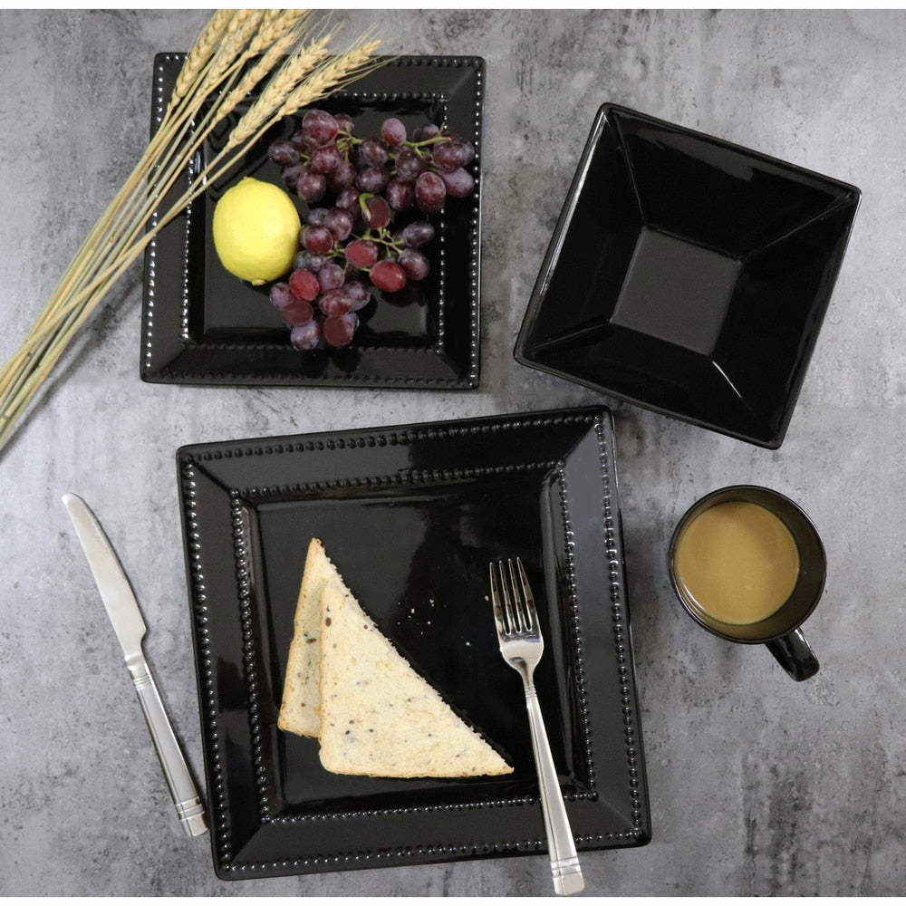 Service de table carré en grès perlé, 16 pièces, Lorren Home Trends, noir