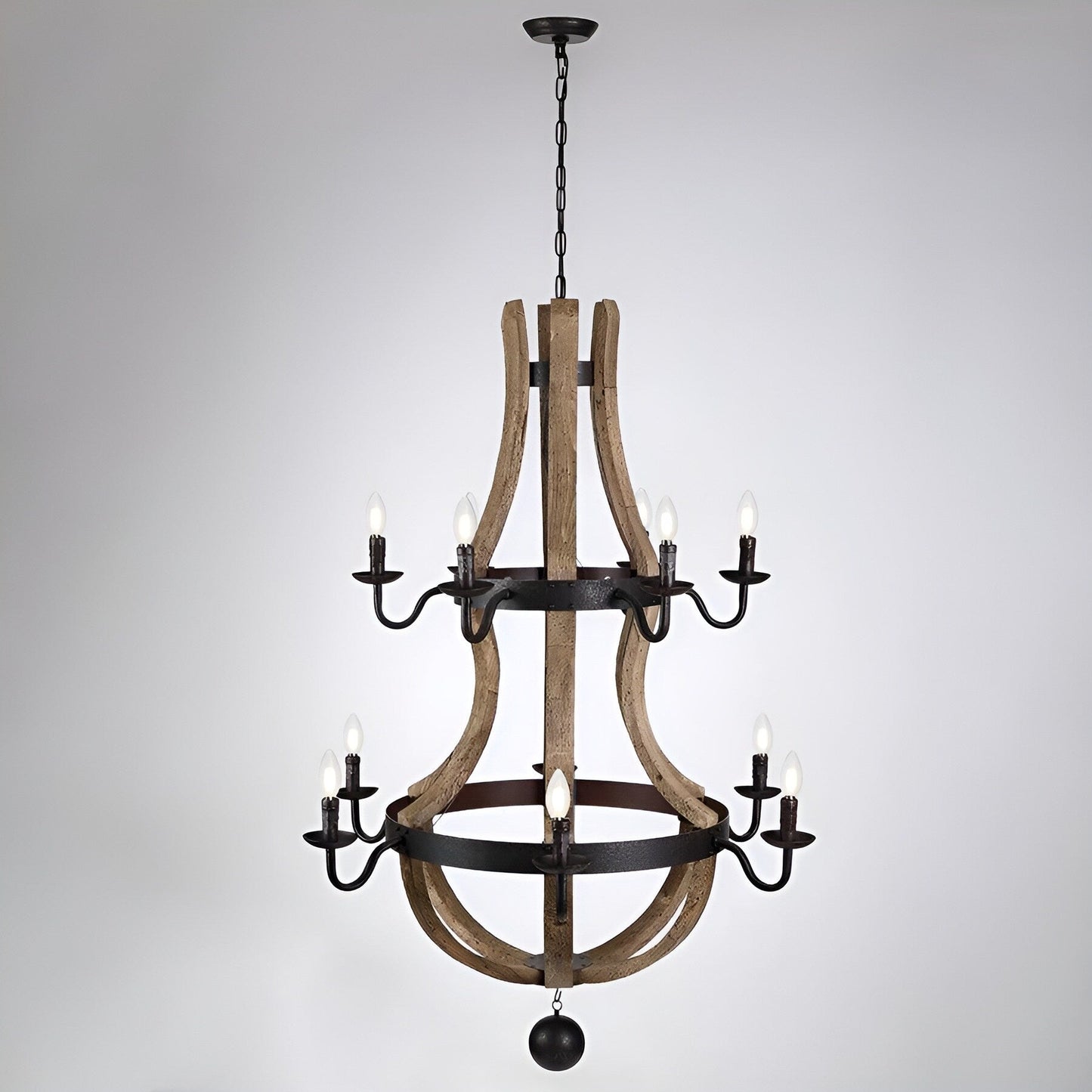 Lustre à 12 lumières en forme de tonneau à vin de style campagnard français à deux niveaux