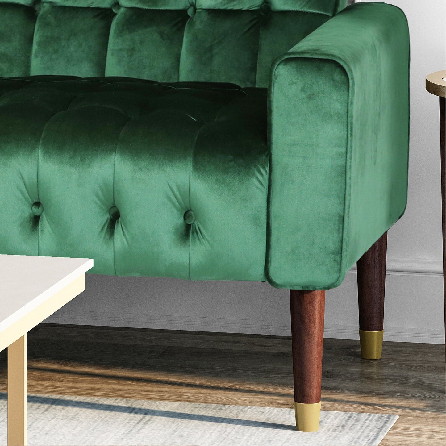 Velvet Button Tufted 3-seater Sofa with Birch Wood Legs